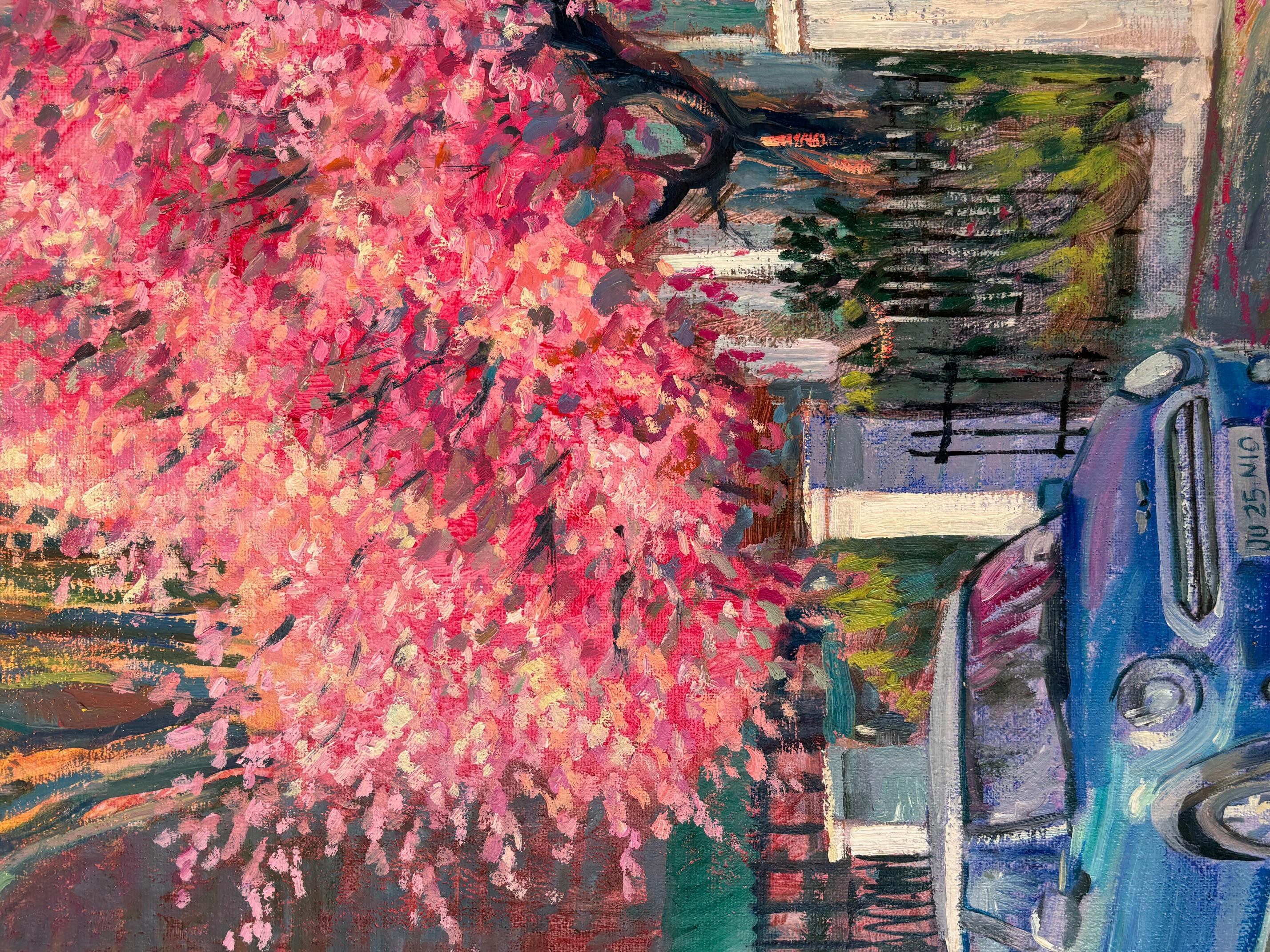 Turloe Cherry Tree - original impressionism figurative cityscape oil painting - Gray Landscape Painting by Juan del Pozo
