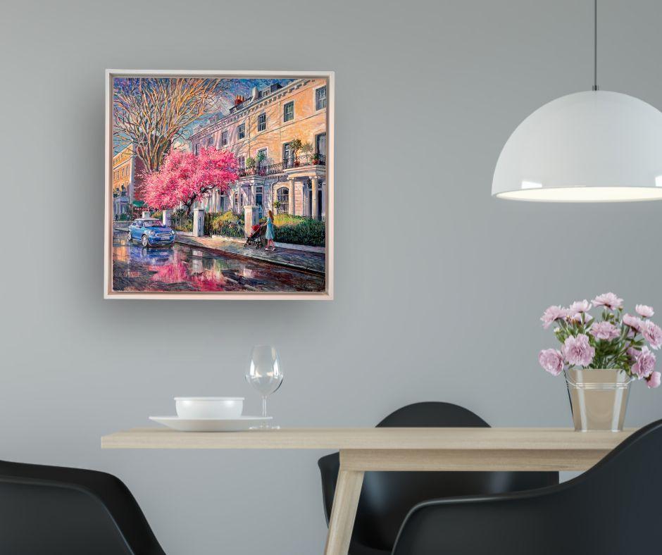 This exceptional artwork is currently on display and available for sale at Signet Contemporary Art Gallery and online.

Joyful and serene, Thurloe Cherry Tree captures the poetic intersection of nature and city life. In this radiant oil on linen