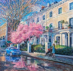 Cerezo de Turloe - pintura al óleo original impresionista figurativa de paisaje urbano