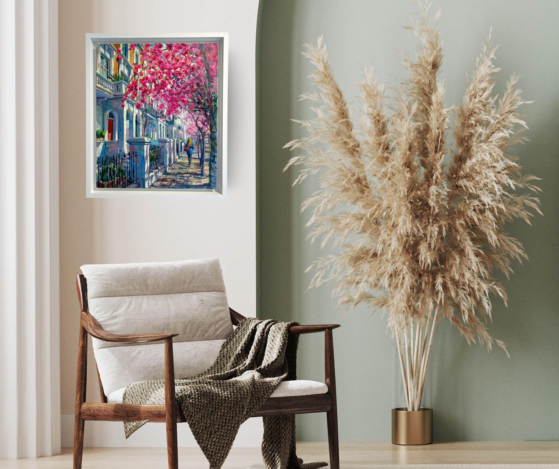 Walking Under Blossom ''Chelsea'' Original Impressionismus Stadtbild Ölgemälde im Angebot 1