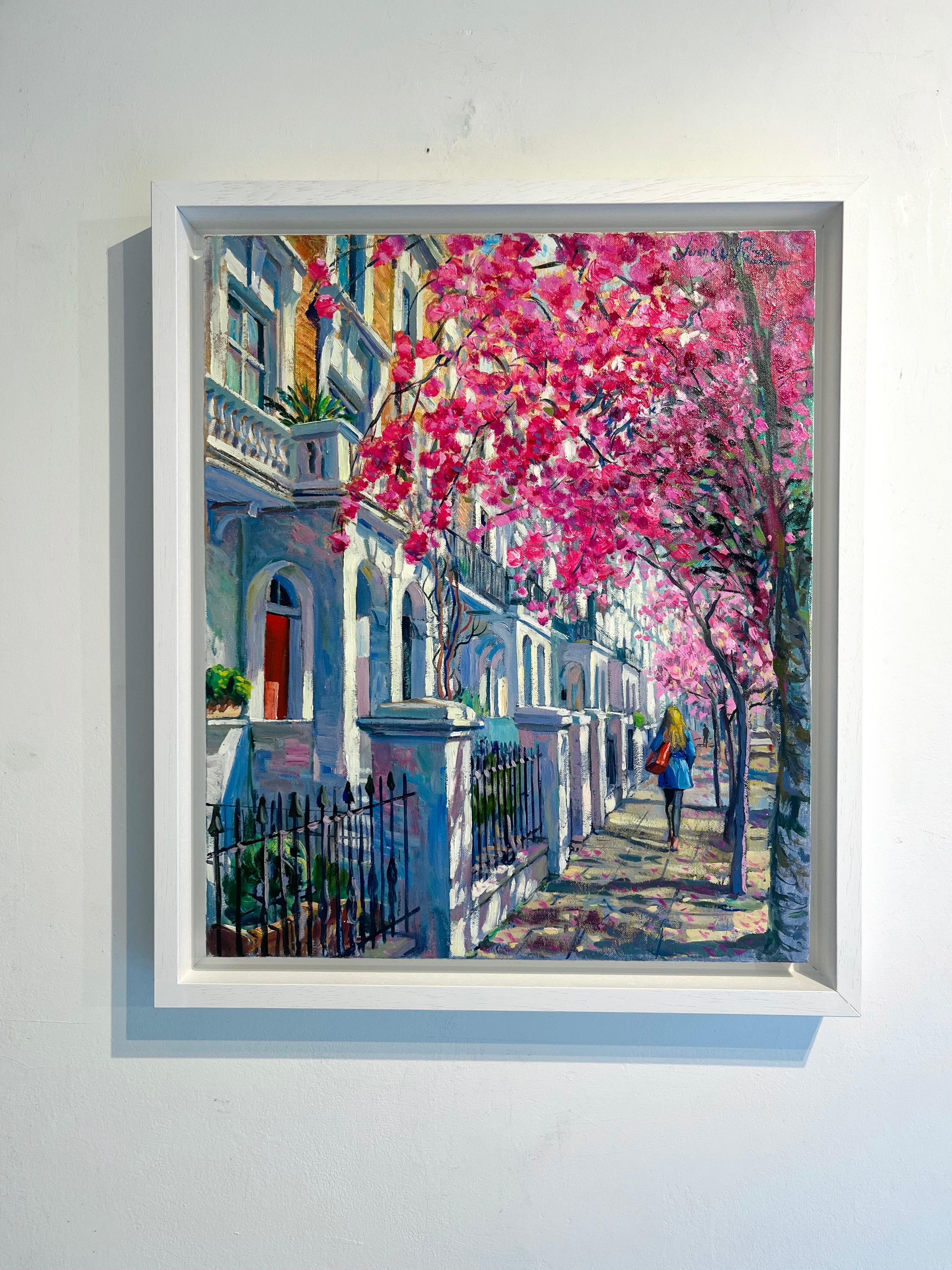 Walking Under Blossom-original impressionism cityscape blossoms oil painting-art - Painting by Juan del Pozo
