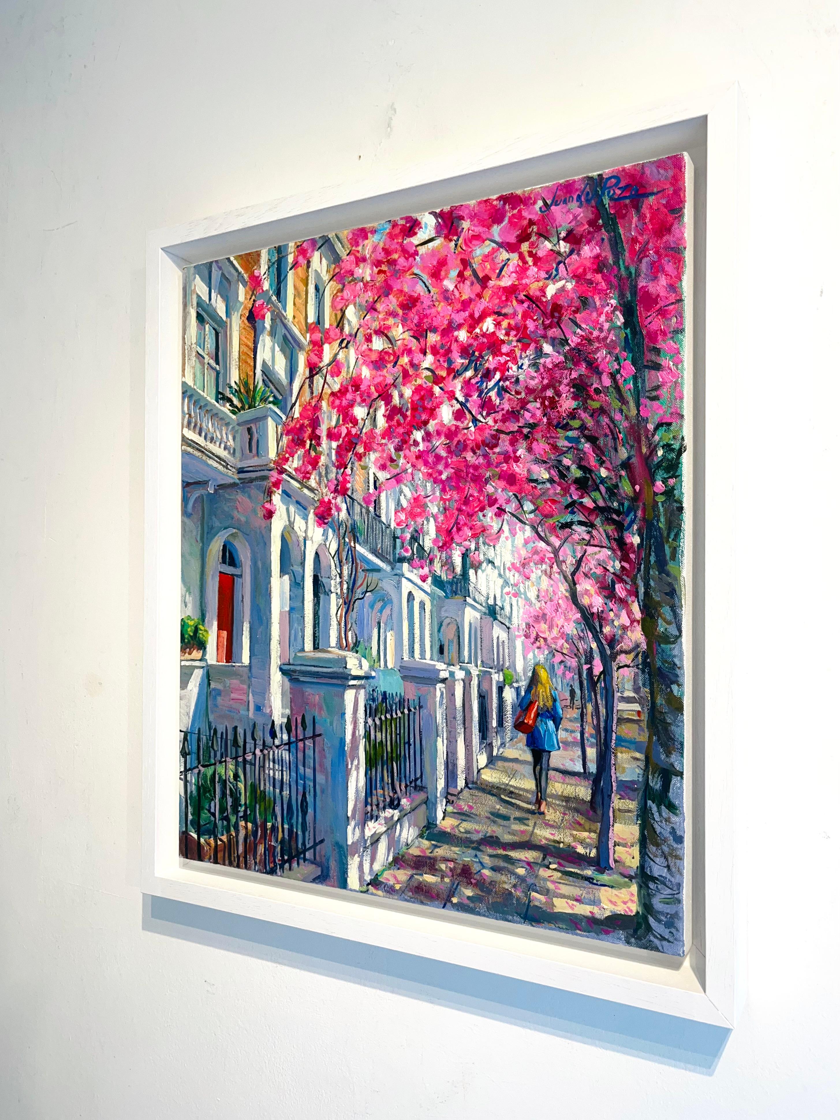 Walking Under Blossom-original impressionism cityscape blossoms oil painting-art - Impressionist Painting by Juan del Pozo