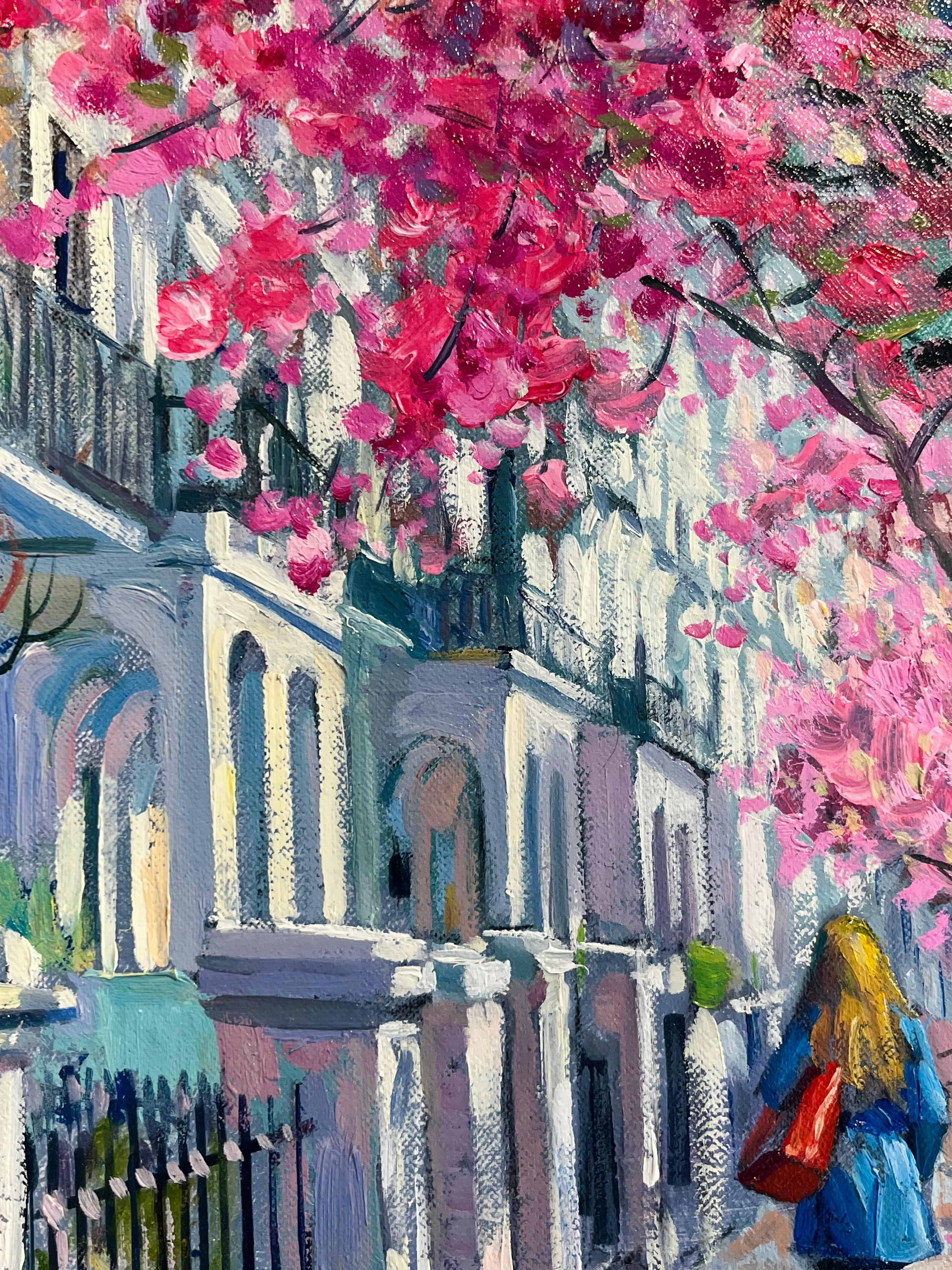 Caminando bajo las flores-impresionismo original paisaje urbano flores al óleo-arte - Landscape Painting Gris de Juan del Pozo