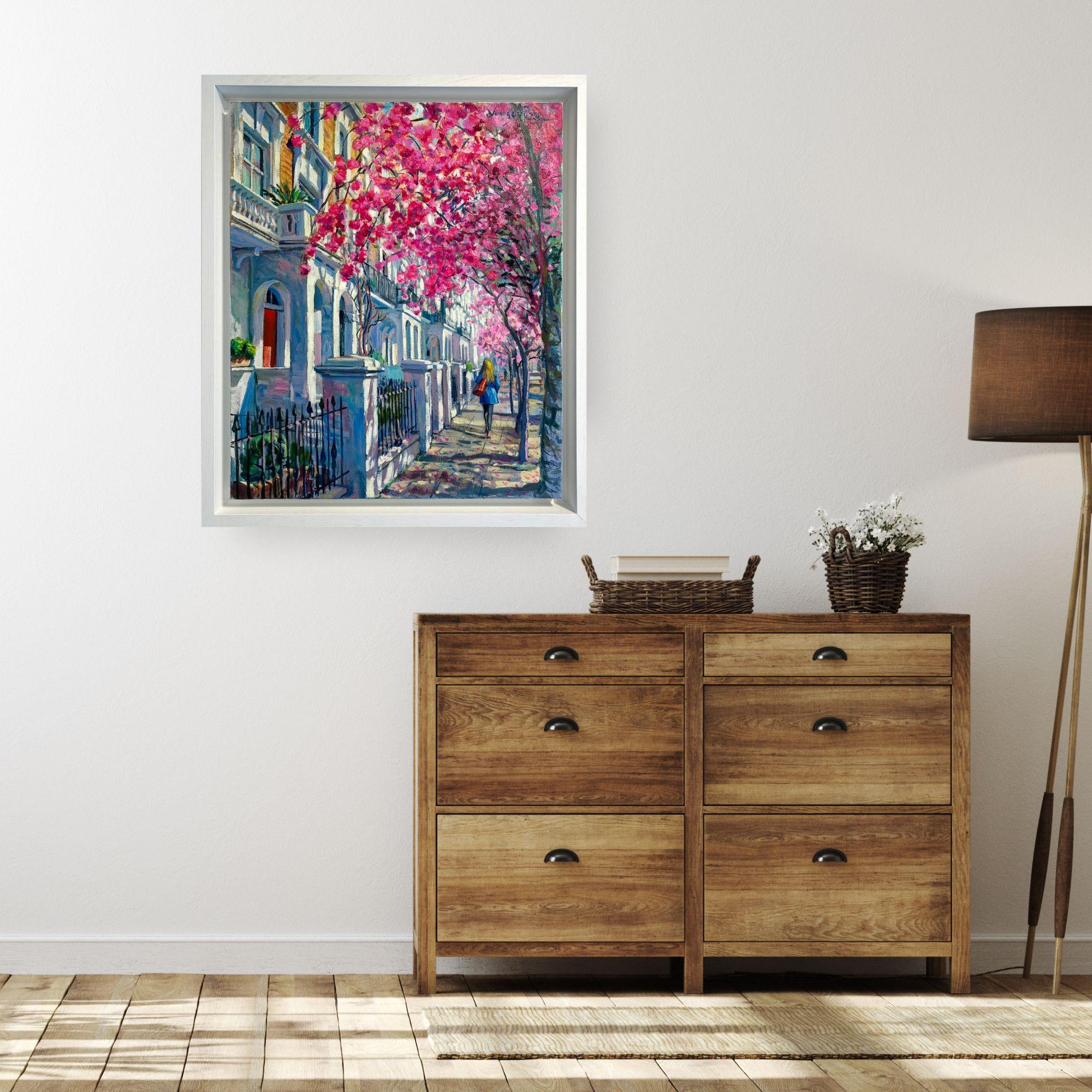 Walking Under Blossom-original impressionism cityscape blossoms oil painting-art For Sale 1