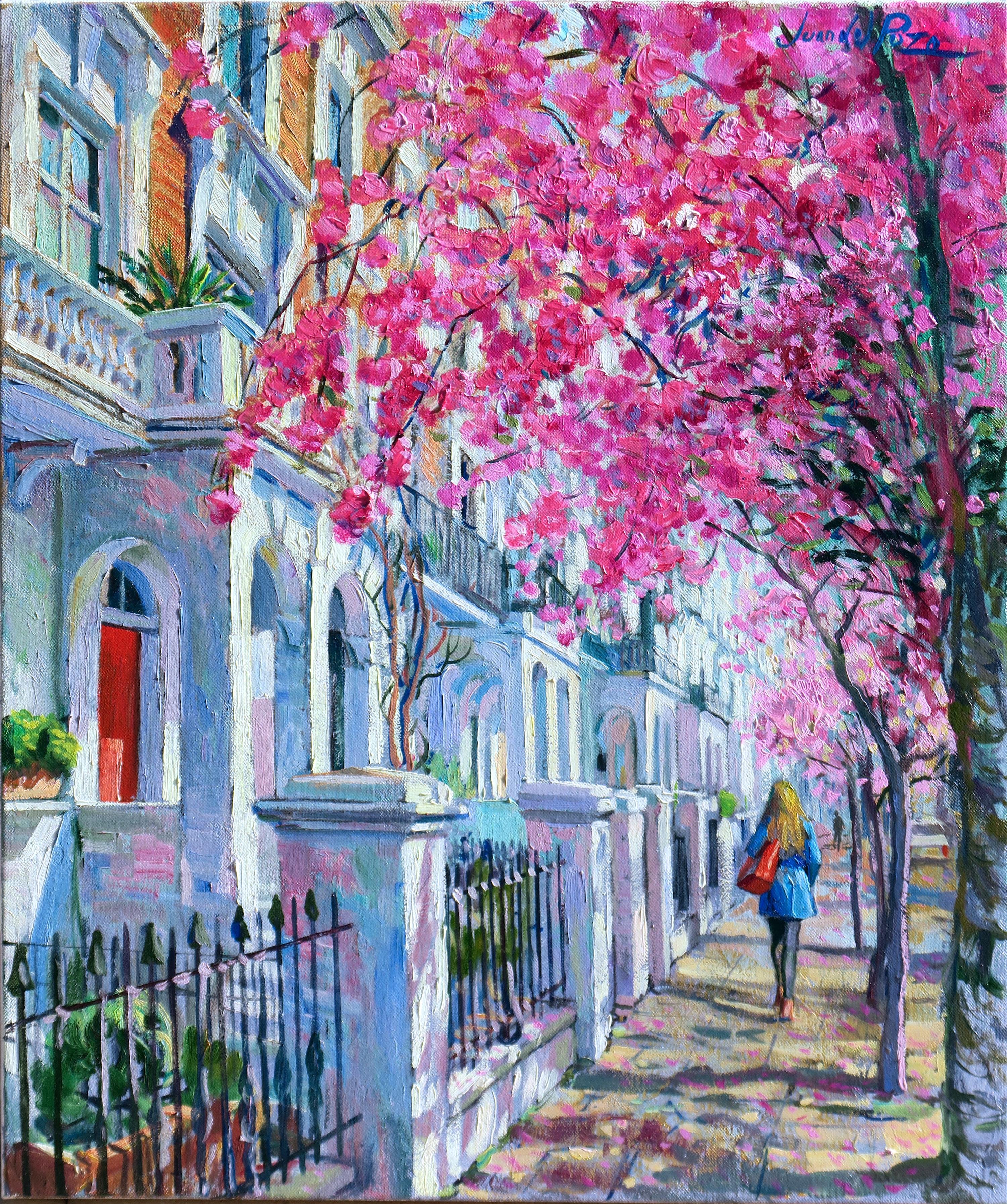 Juan del Pozo Landscape Painting - Walking Under Blossom-original impressionism cityscape blossoms oil painting-art