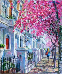 Walking Under Blossom – Original-Impressionismus Stadtlandschaft mit Blüten, Ölgemälde-Kunst