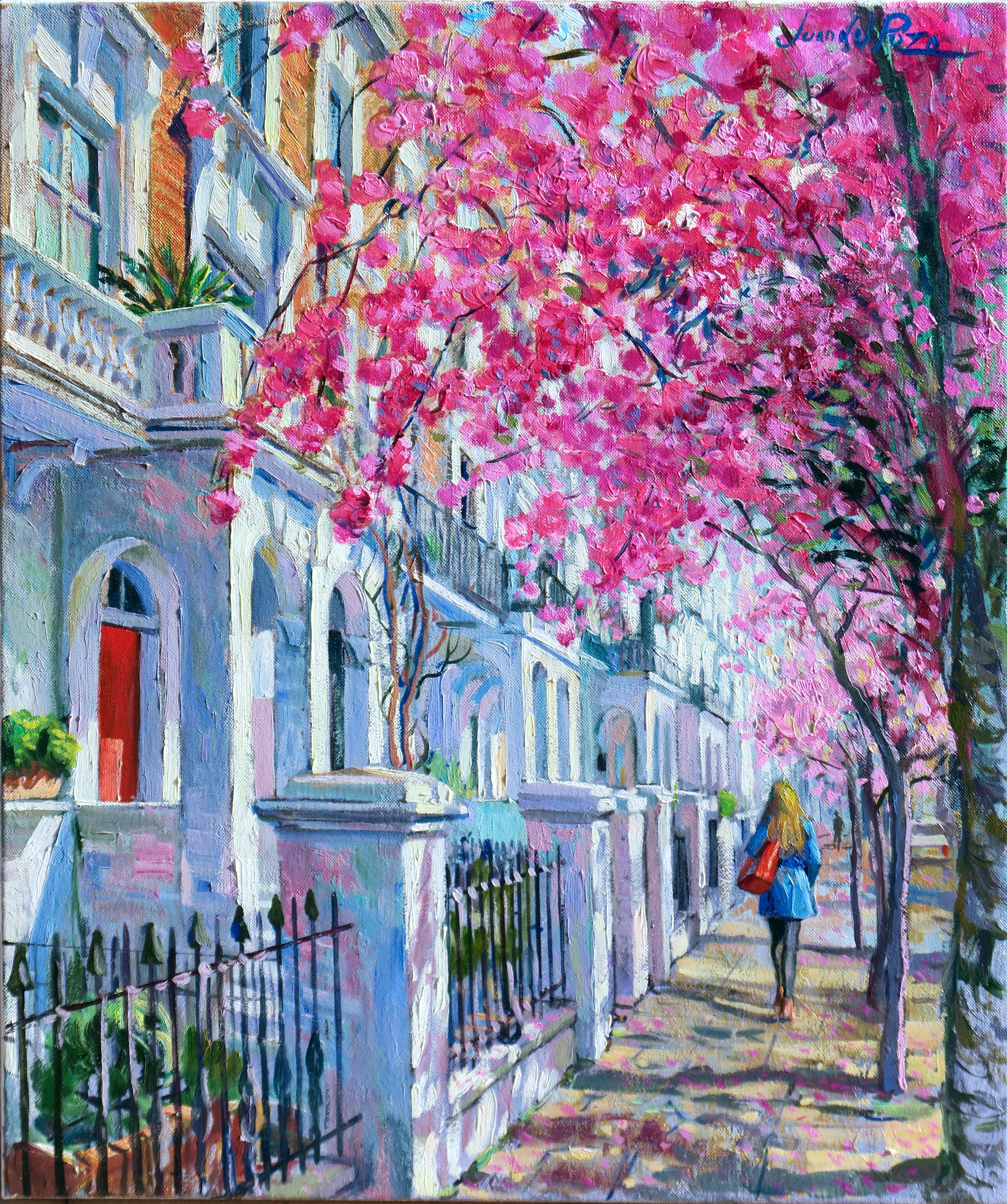 Landscape Painting de Juan del Pozo - Caminando bajo las flores-impresionismo original paisaje urbano flores al óleo-arte