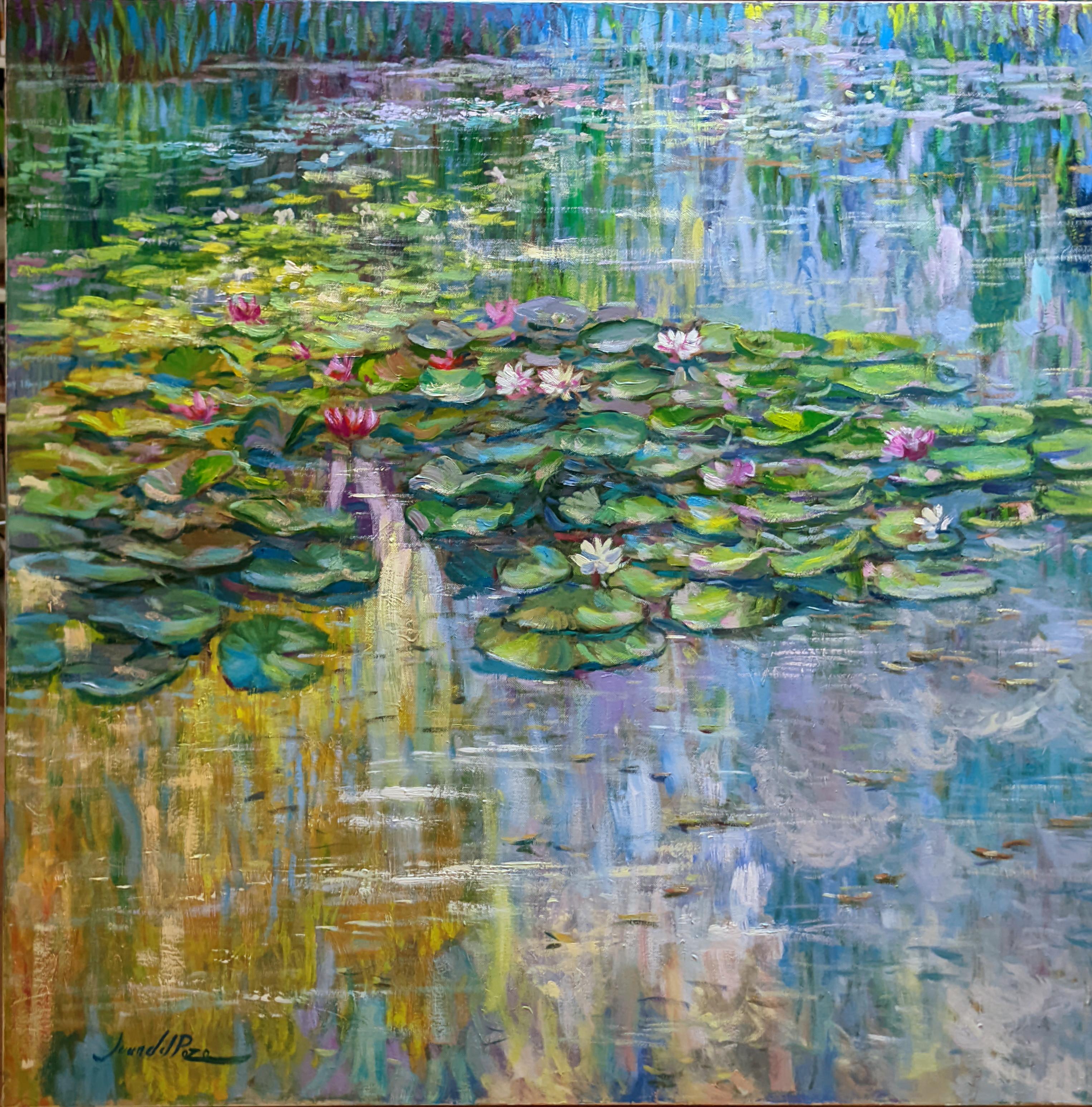 Juan del Pozo Landscape Painting - Waterlilies colours - original impressionism oil painting-modern landscape art
