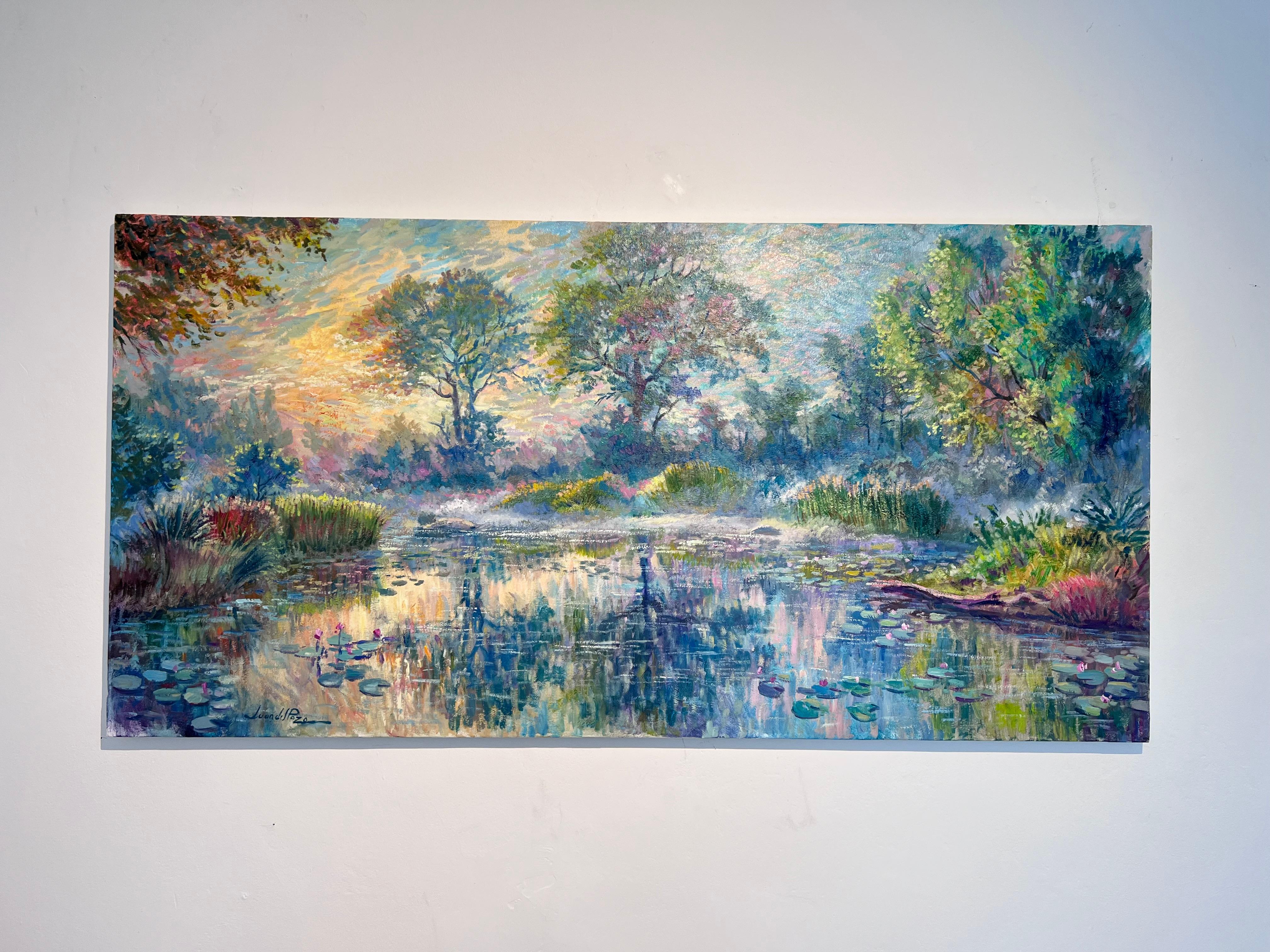 Stagno con ninfee - pittura ad olio impressionista originale di paesaggio moderno - Painting Impressionismo di Juan del Pozo