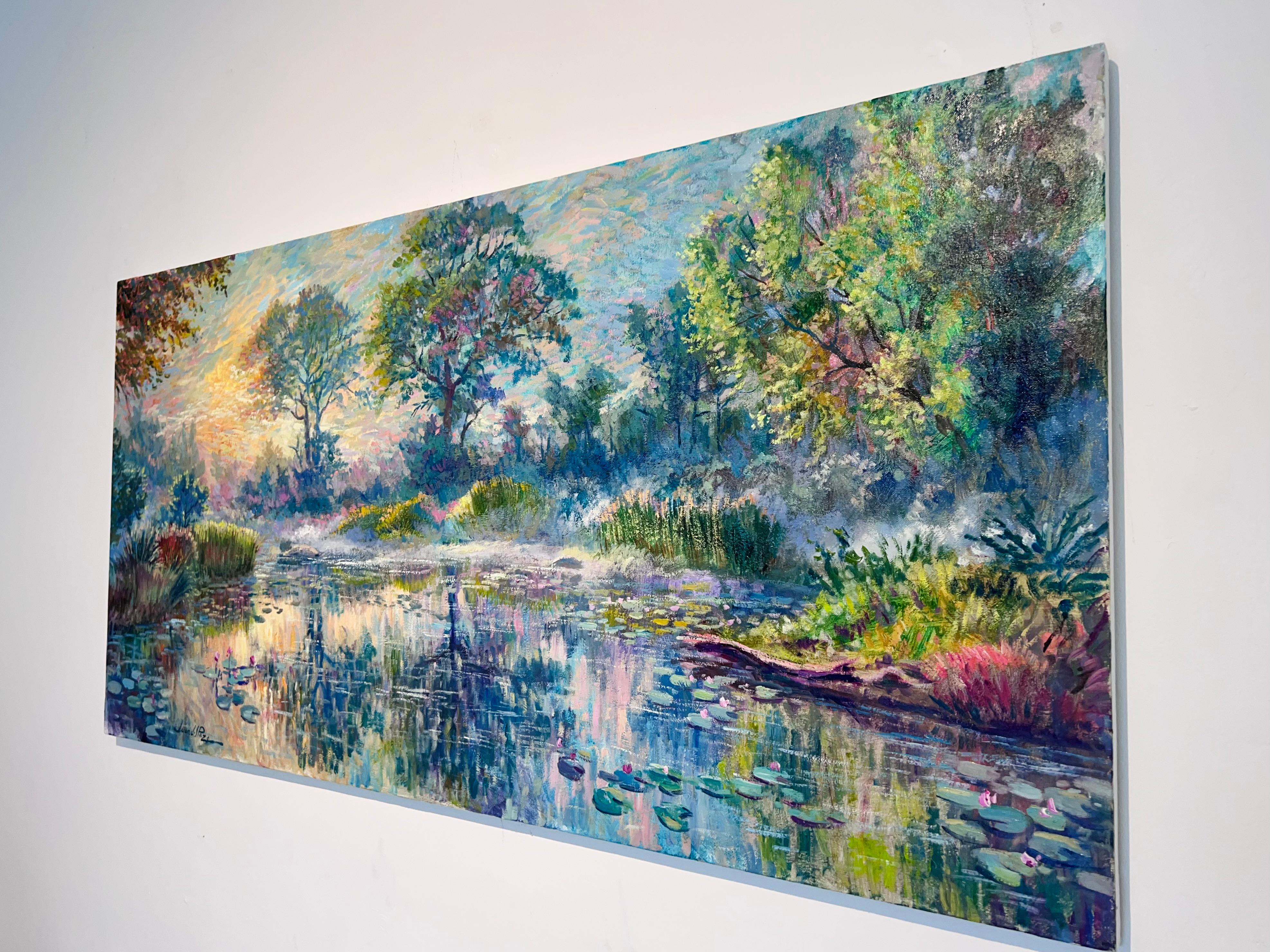 Stagno con ninfee - pittura ad olio impressionista originale di paesaggio moderno - Landscape Painting Grigio di Juan del Pozo