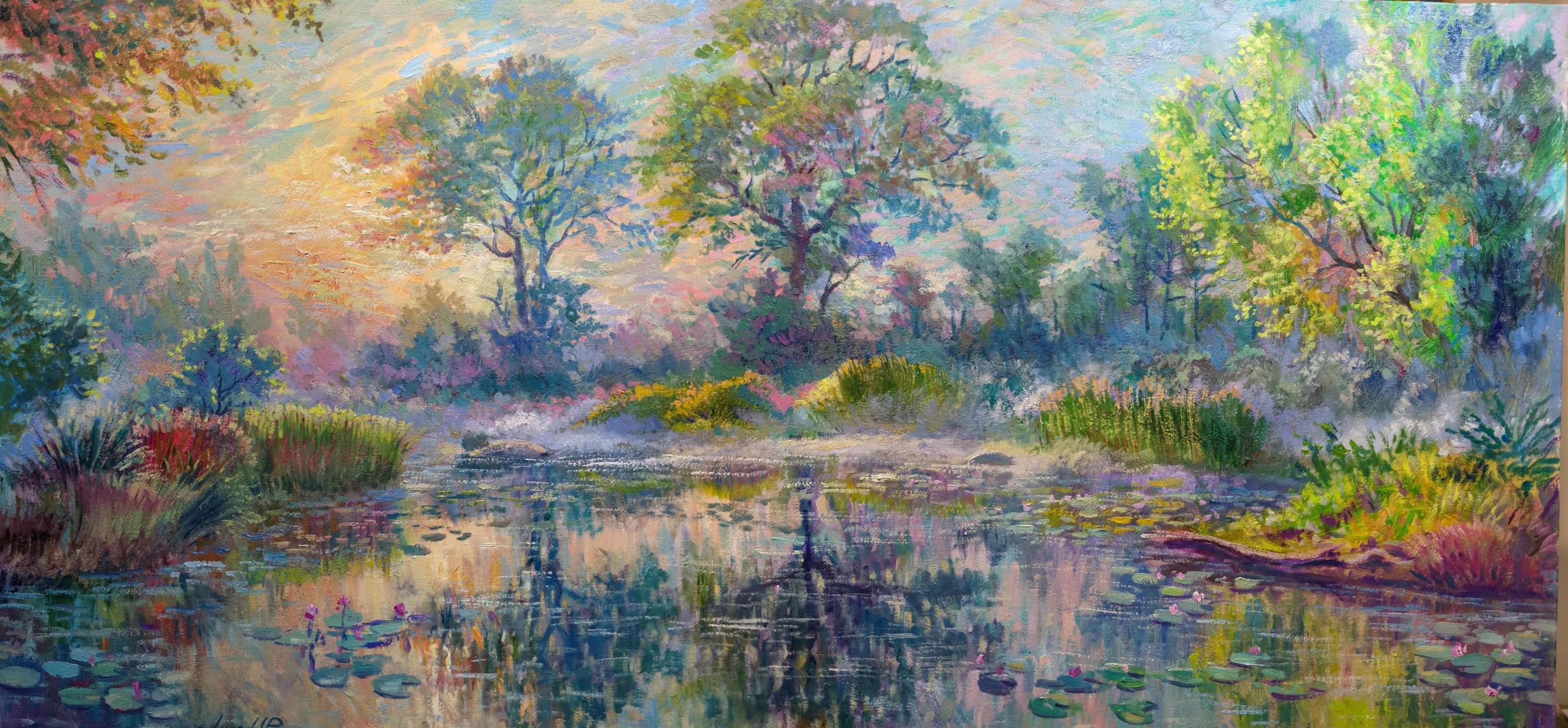 Juan del Pozo Landscape Painting - Waterlilies Pond - original modern landscape art- impressionist oil painting