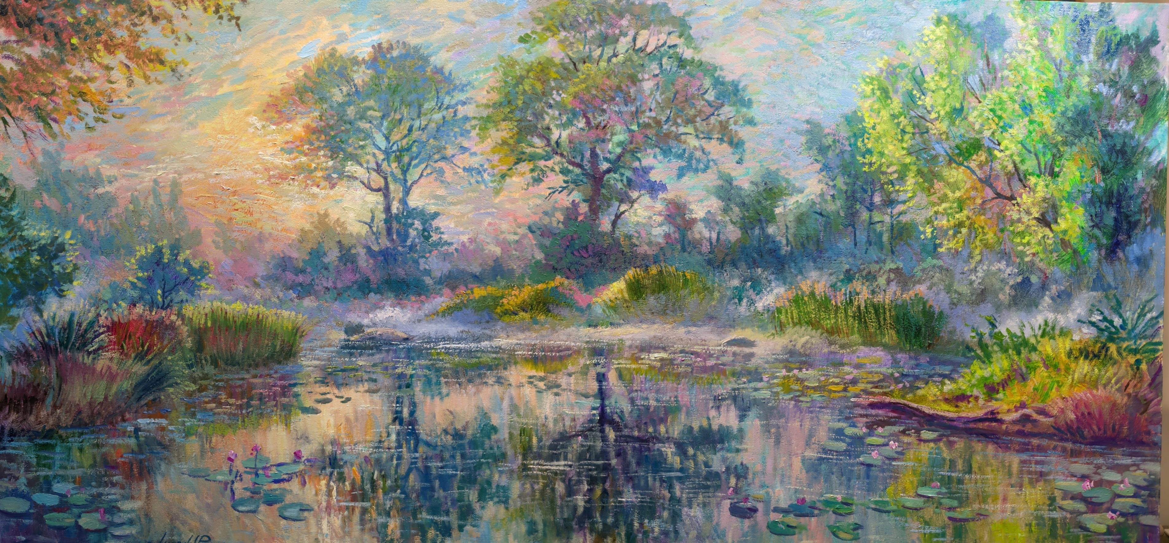 Landscape Painting di Juan del Pozo - Stagno con ninfee - pittura ad olio impressionista originale di paesaggio moderno