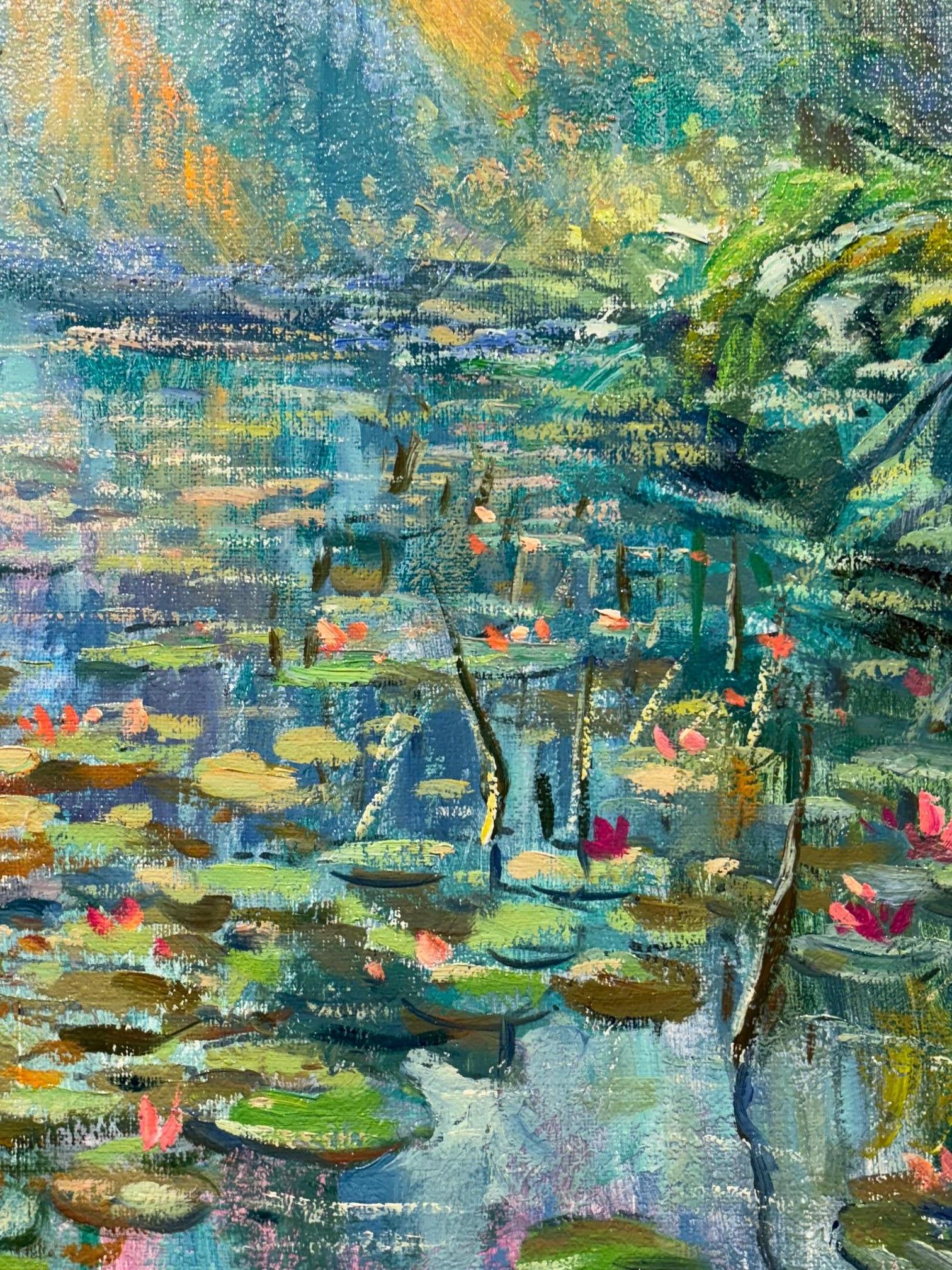 Wetlands- waterscape impressionism painting- contemporary landscape artwork - Gray Landscape Painting by Juan del Pozo