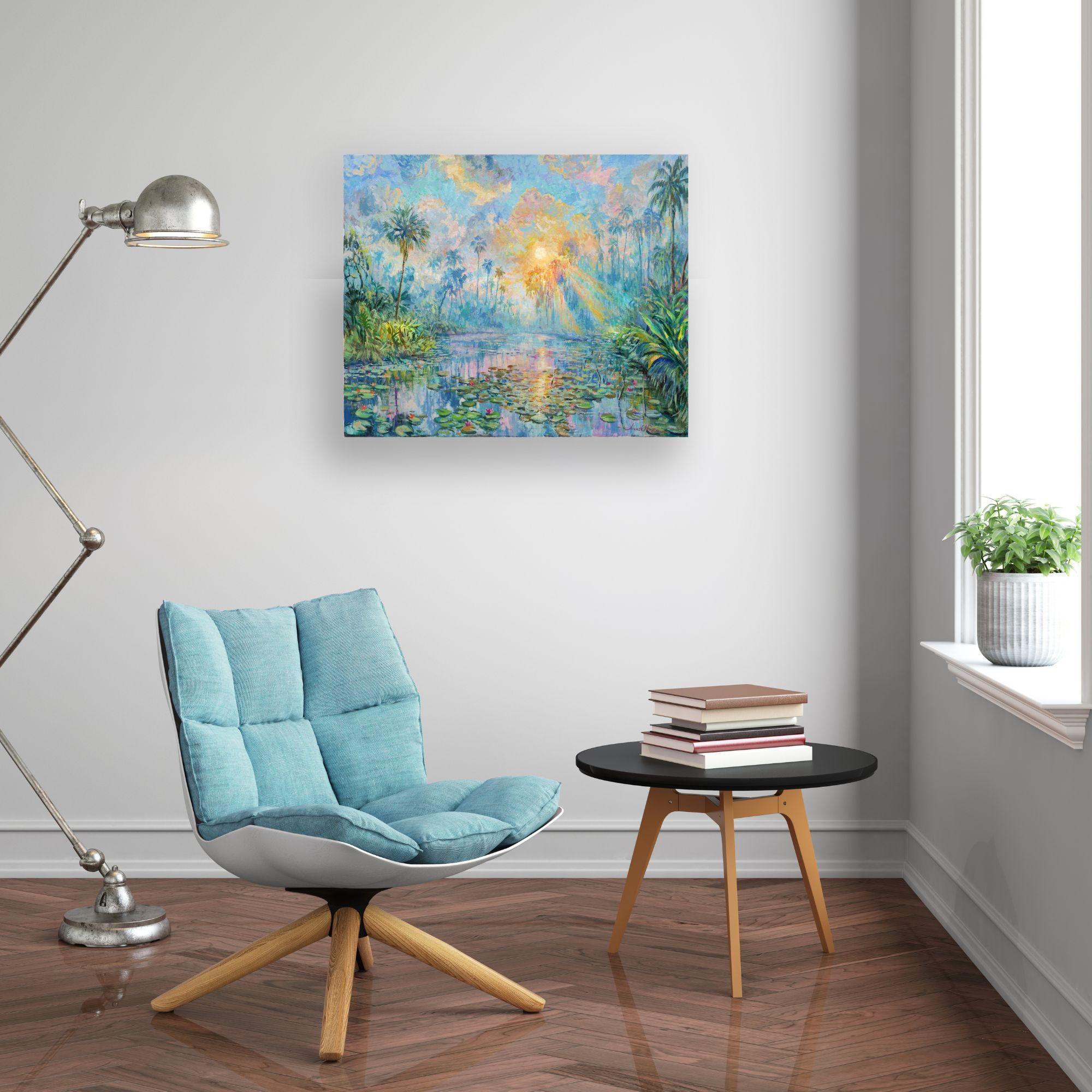 This exceptional artwork is currently on display and available for sale at Signet Contemporary Art Gallery and online.

This captivating cityscape painting, “Wetlands,” draws the viewer into a serene, sunlit scene that beautifully captures the