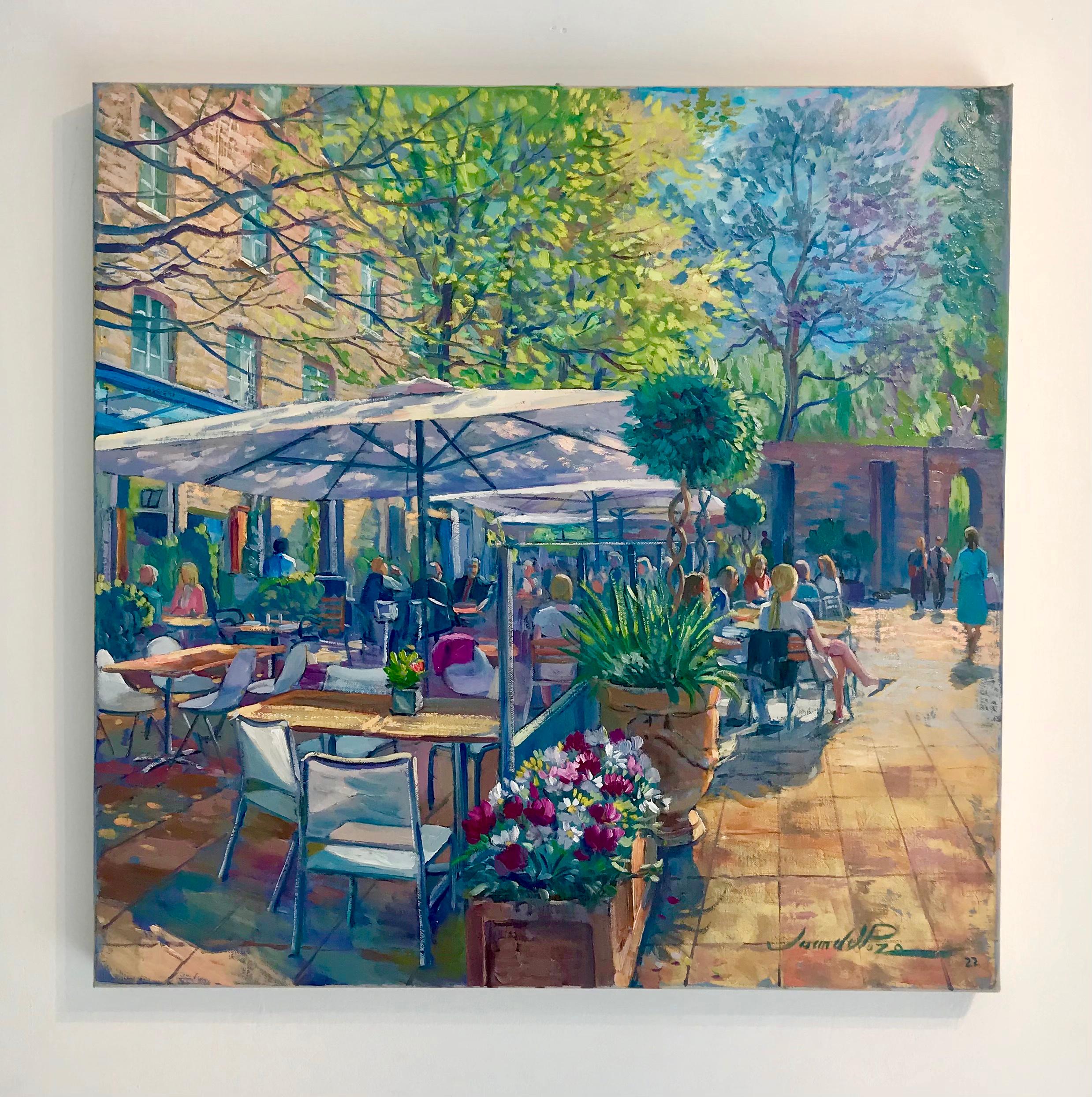 When the Sun is Shining - Duke of York Square figurative cityscape oil painting - Painting by Juan del Pozo
