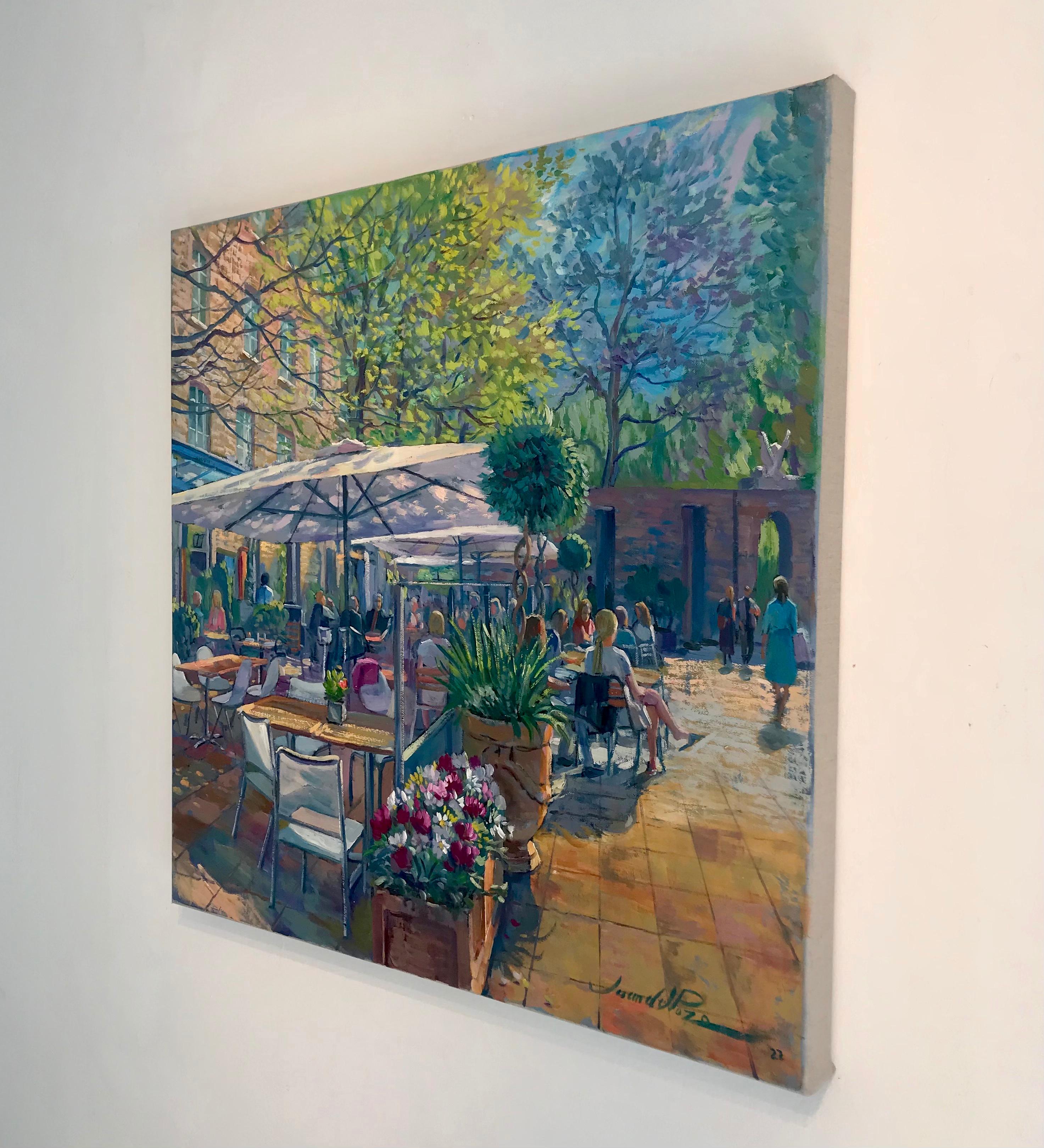 When the Sun is Shining-original impressionism figurative cityscape oil painting - Impressionist Painting by Juan del Pozo