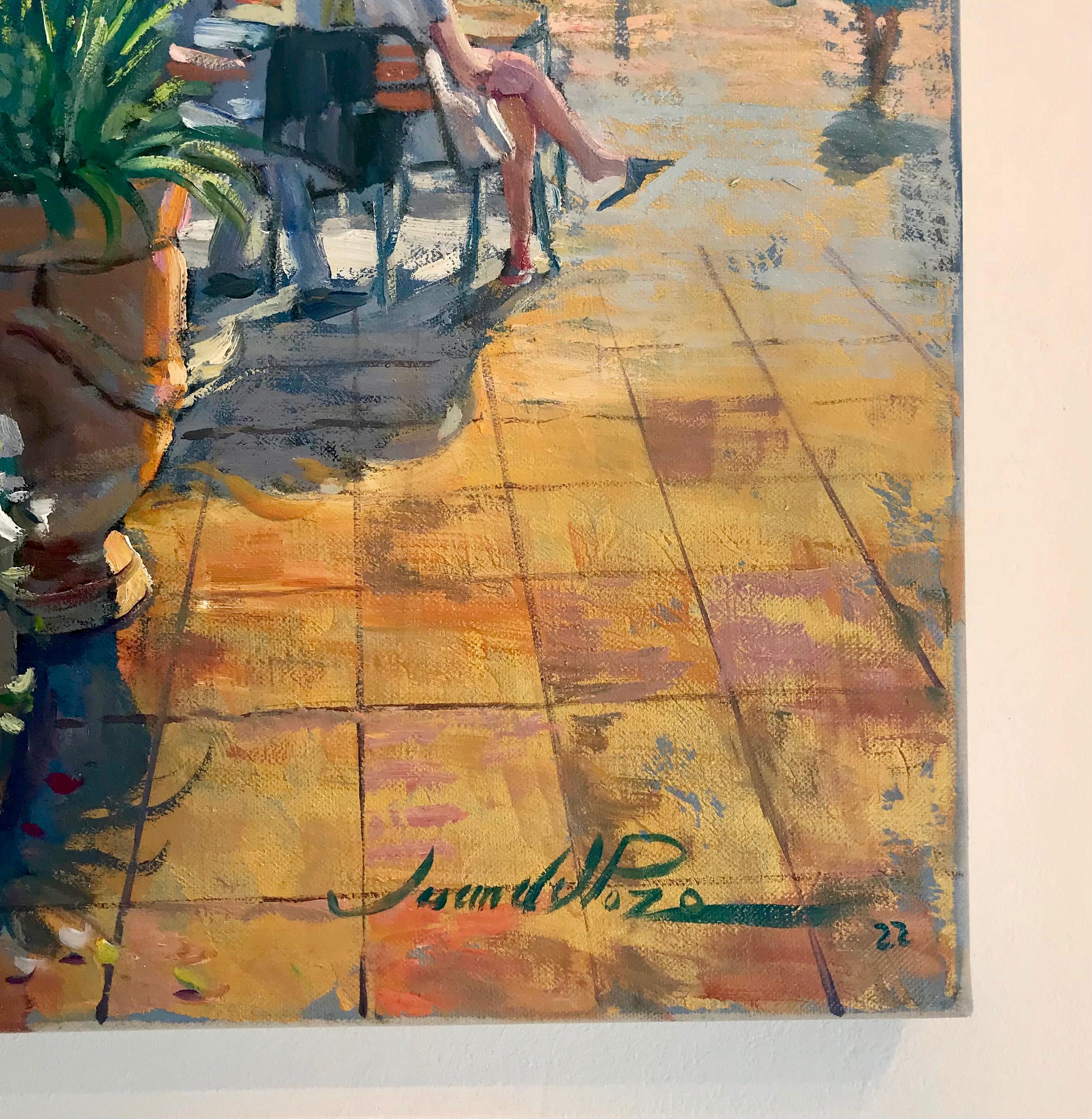 When the Sun is Shining-original impressionism figurative cityscape oil painting - Gris Landscape Painting par Juan del Pozo