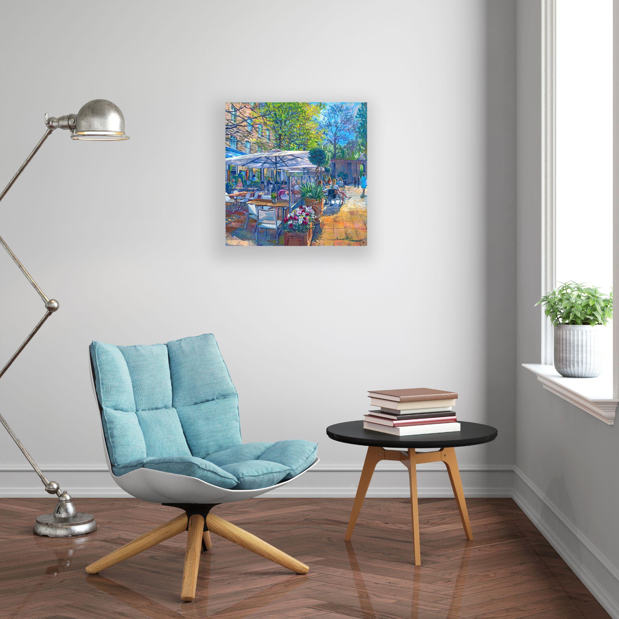Cuando brilla el sol-opinión al óleo de paisaje urbano figurativo del impresionismo original en venta 1