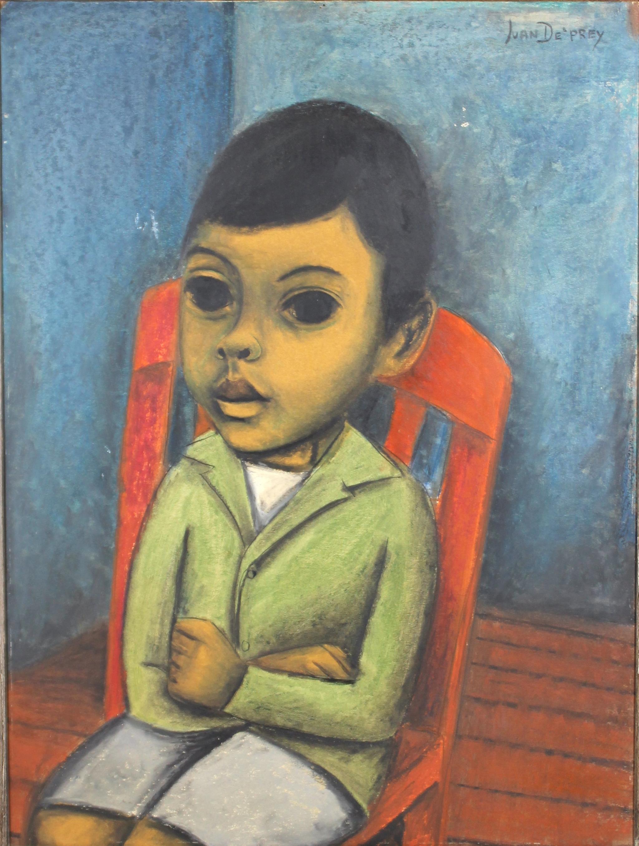 Modernist oil on board portrait painting of a young boy seated on a chair by Juan De'Prey (1904 - 1962, Puerto Rican). The piece was painted in the 1940s and has the original wood frame. Signed by the artist in the upper right corner.
In great