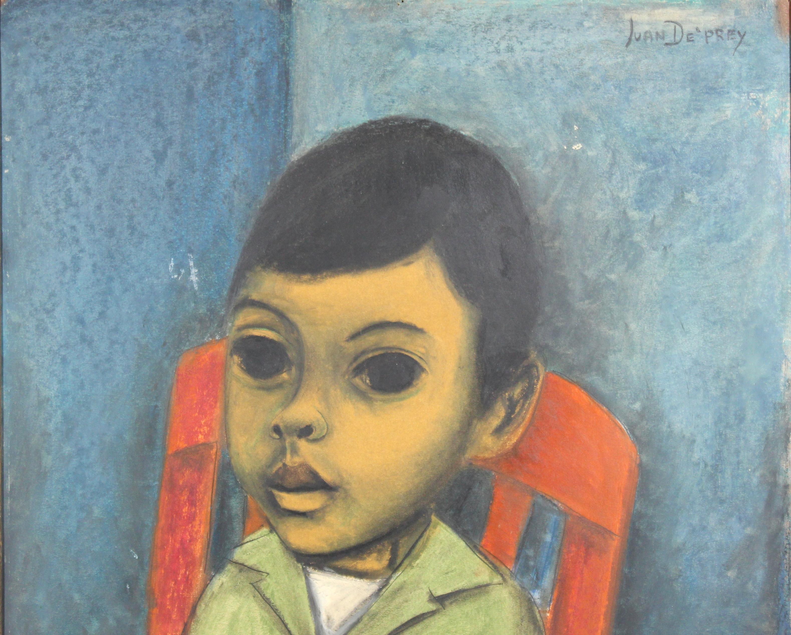 Mid-Century Modern Juan De'Prey Modernist Oil Portrait Painting of a Young Boy on Chair For Sale