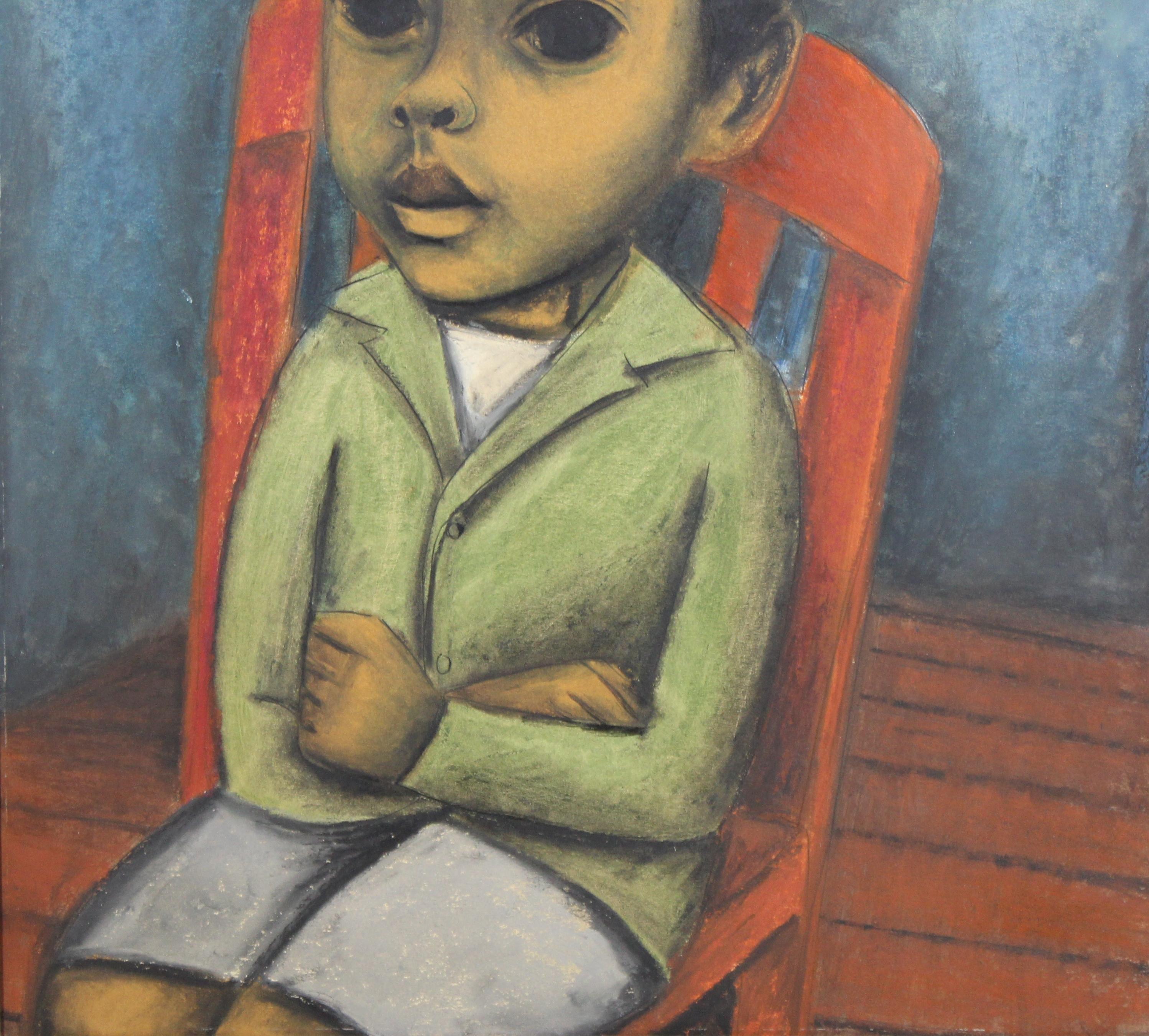 American Juan De'Prey Modernist Oil Portrait Painting of a Young Boy on Chair For Sale