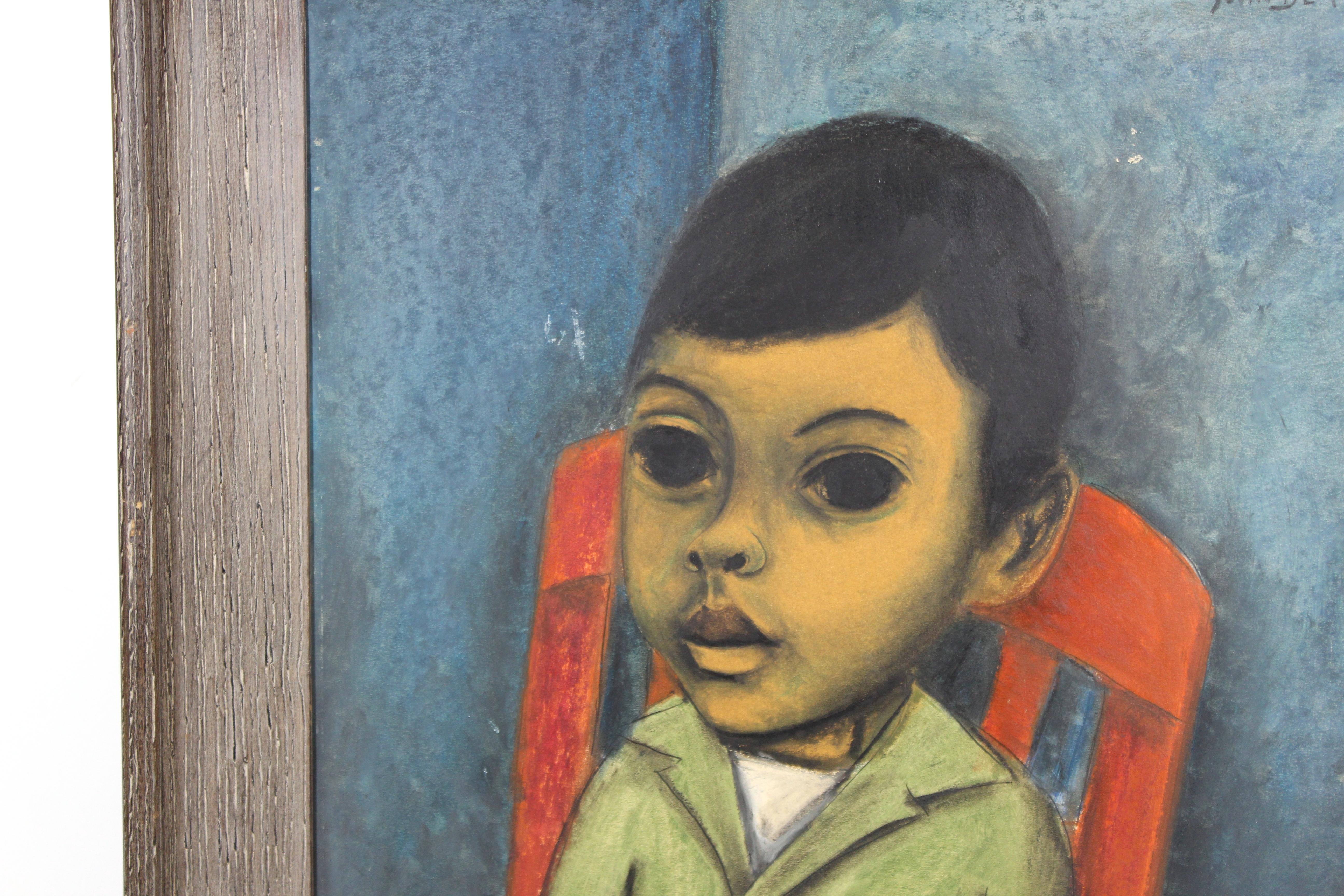 Juan De'Prey Modernist Oil Portrait Painting of a Young Boy on Chair In Good Condition For Sale In New York, NY