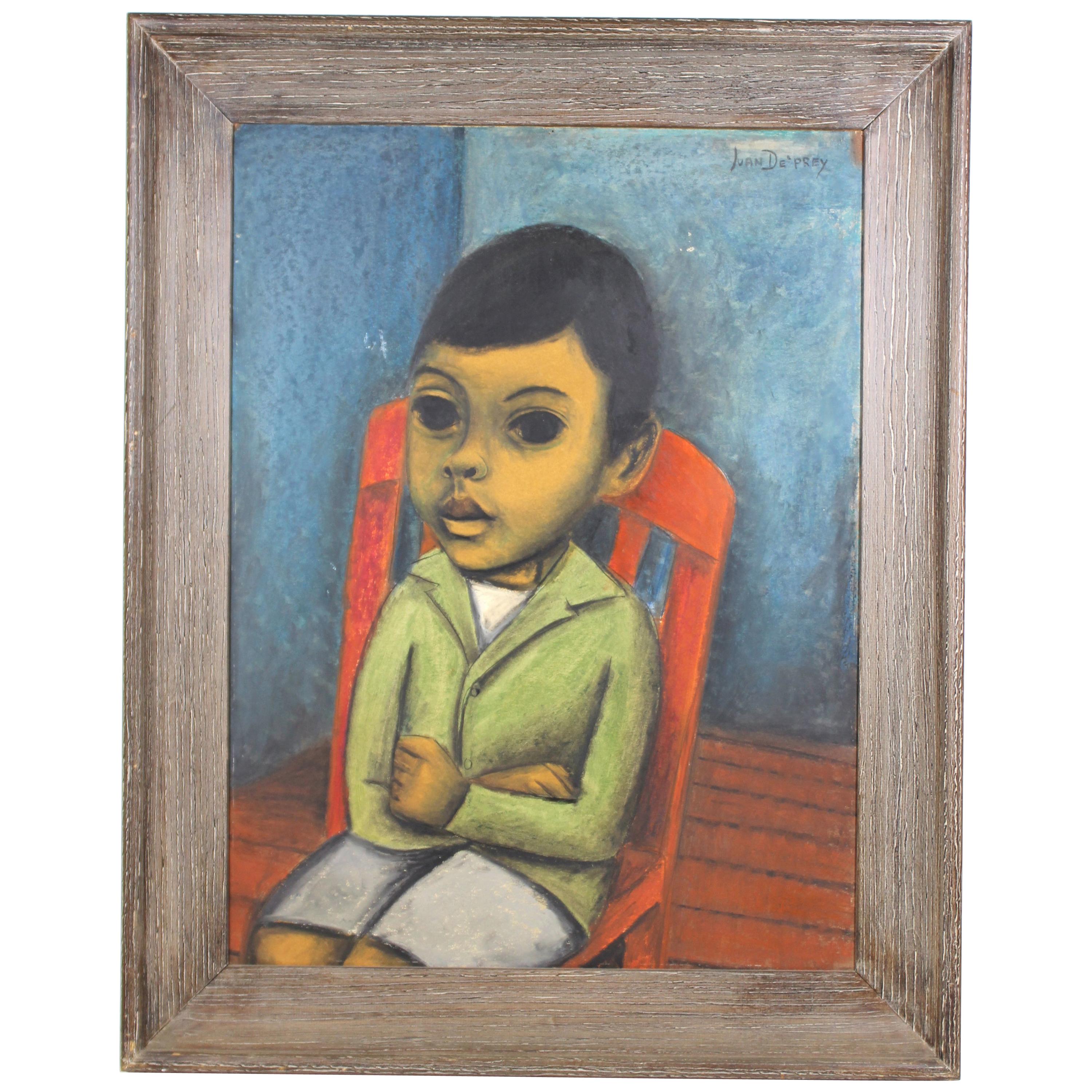 Juan De'Prey Modernist Oil Portrait Painting of a Young Boy on Chair