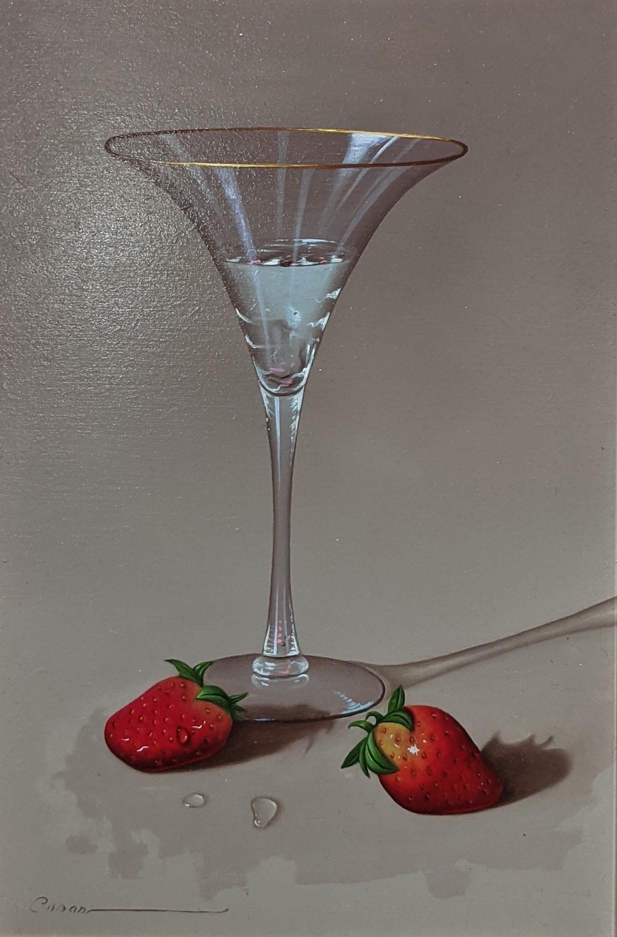 Juan Francisco Casas Still-Life Painting - 'Martini Glass with Strawberries' Contemporary photorealist still life painting