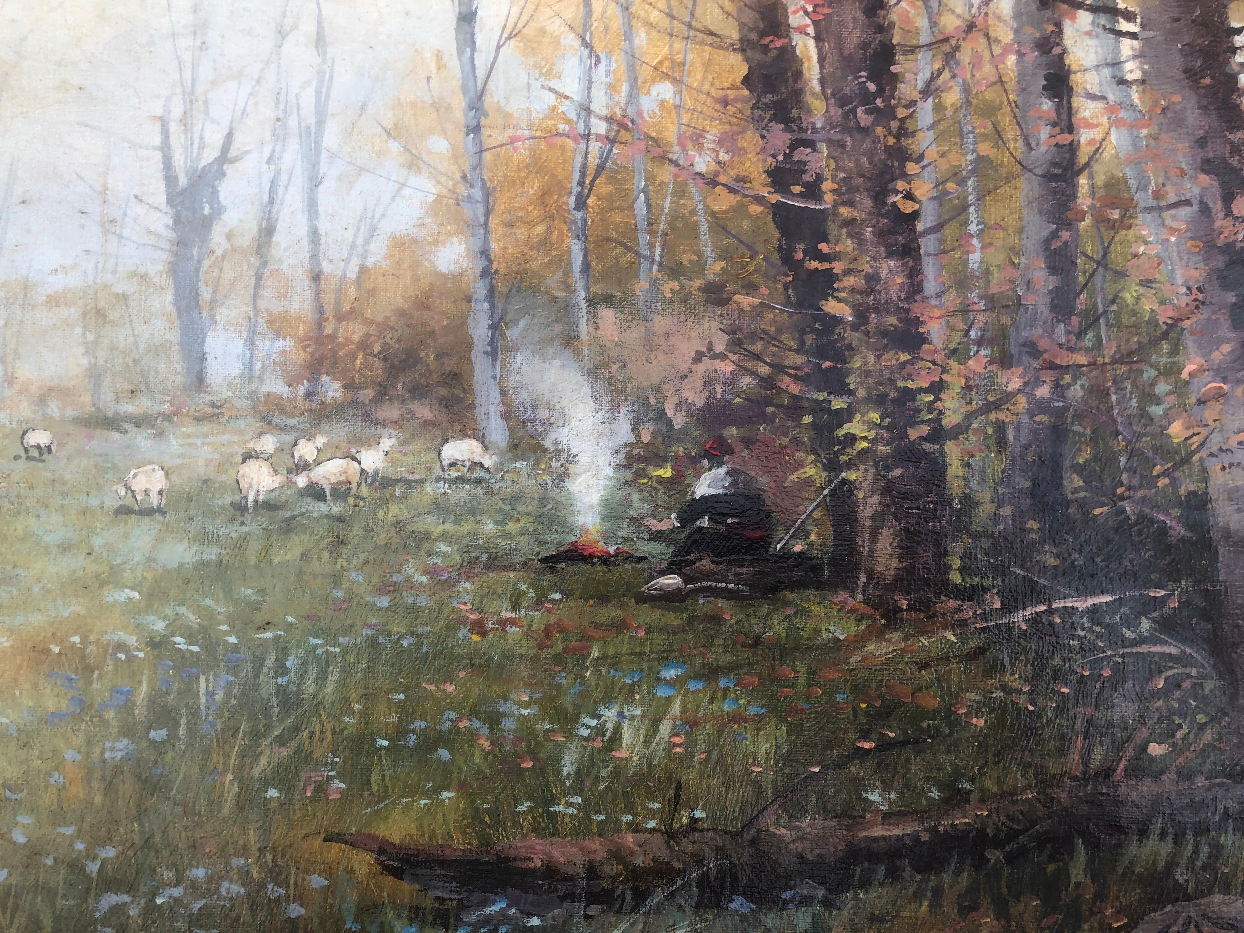 sheep herder landscape oil on canvas painting For Sale 2