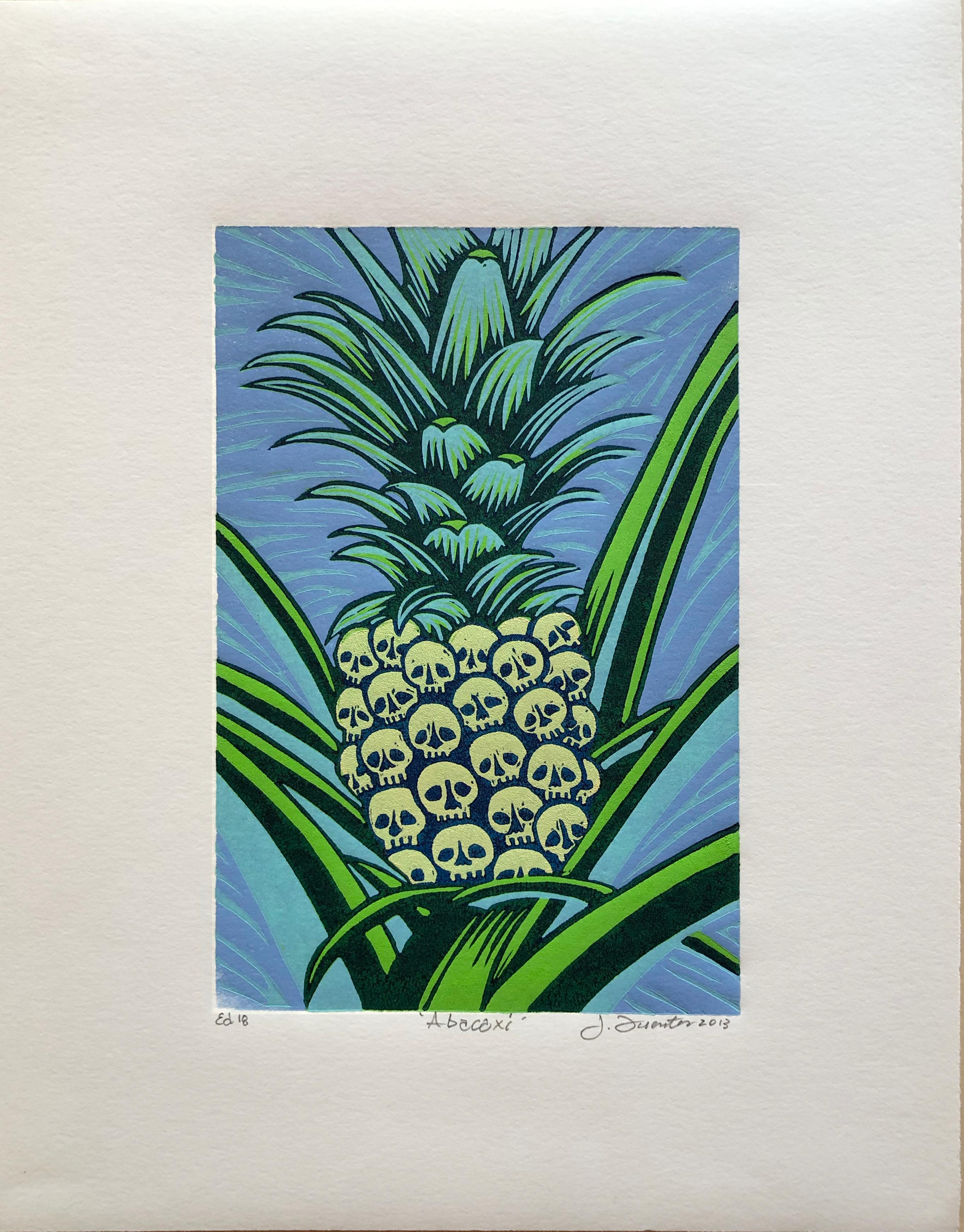 Signed and titled in pencil, an edition of only one print.   A  pineapple plant looking more like a day of the dead image. 

The turbulent times of the 70’s set the tone for Fuentes' approach to creating social art. The Chicano, African American,