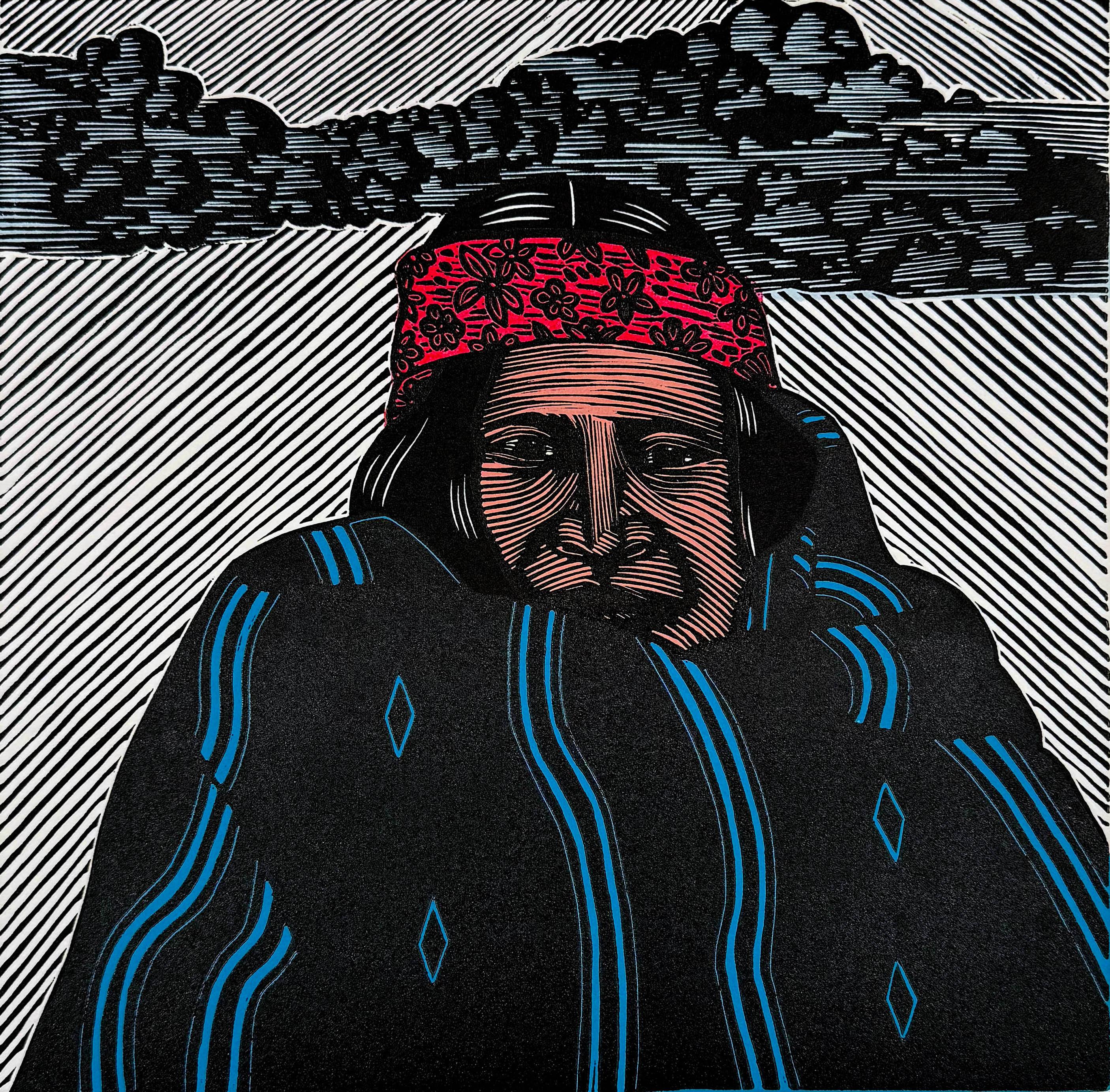 Medium: linocut
Year: 2025
Image Size: 12 x 12 inches
Edition of 20

Native indian with indian blanket, with abstracte background and clouds.

As a cultural activist/artist/printmaker, Juan Fuentes has dedicated his career to being part of a global