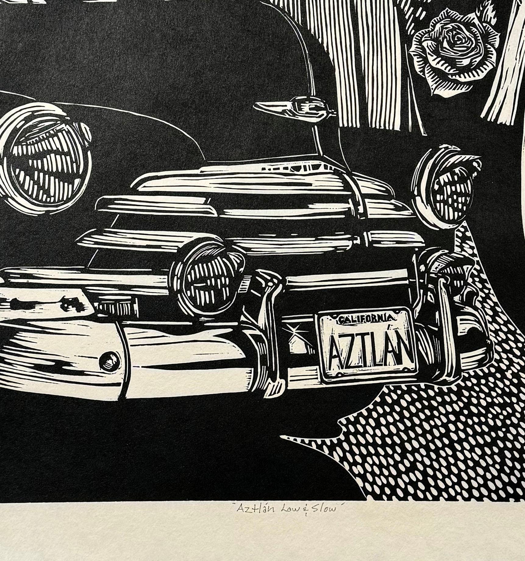 Medium: linocut
Year: 2023
Image Size: 24 x 24 inches
Edition Size: 10

An hommage to the low riders of Southern California  chicano car culture, complete with zoot suits, made famous in the Zoot Suit Riots of 1943.

As a cultural