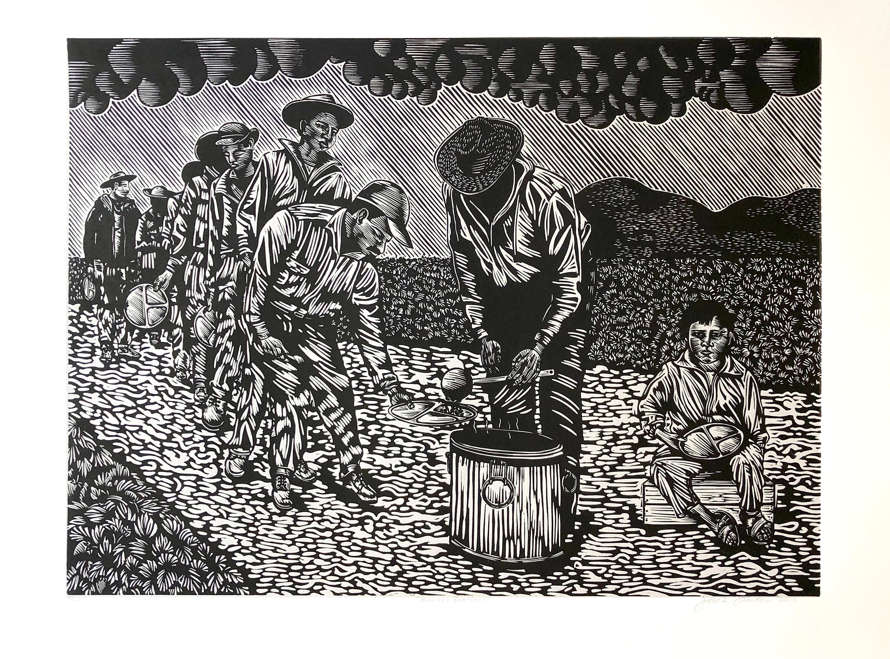 Juan Fuentes’ Bracero Brothers honors the labor, dignity, and hardship of Mexican and Mexican-American farmworkers. Rendered in bold linocut carving, the scene depicts a line of braceros receiving food in the fields, their bodies shaped by