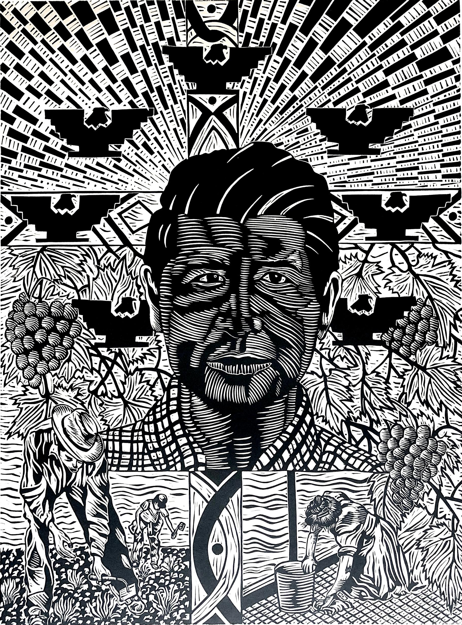Portrait of Cesar Chavez with graves on vines, with inset images of men working in a field and a woman washing a floor. This print is in the collection of the Library of Congress. Signed and titled in pencil, edition of 20. 

Juan R. Fuentes's