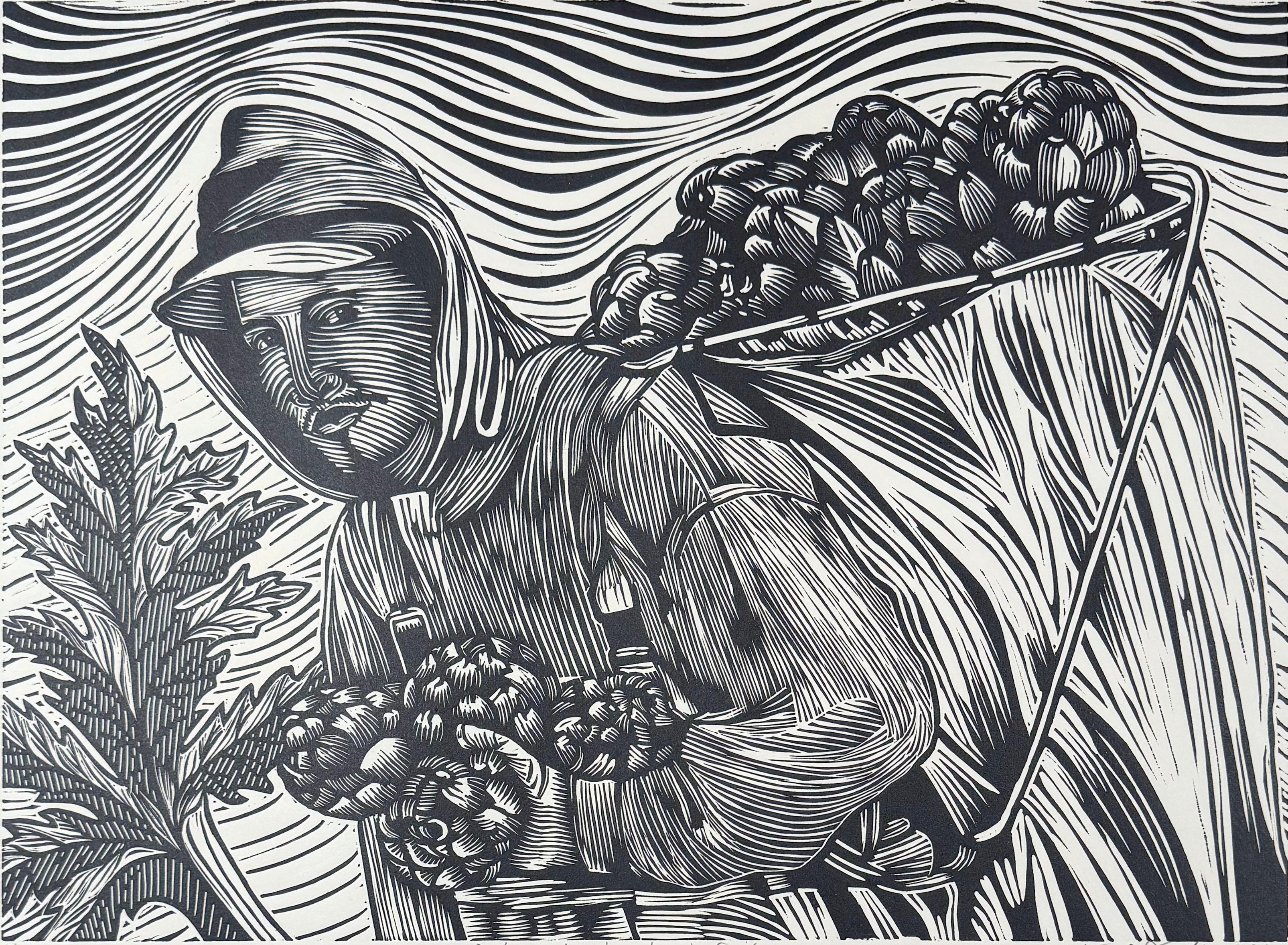Medium: linocut
Year: 2021
Image Size: 13 x 18 inches
Edition size: 10

Young migrant worker harvesting artichokes.

As a cultural activist/artist/printmaker, Juan Fuentes has dedicated his career to being part of a global movement for social