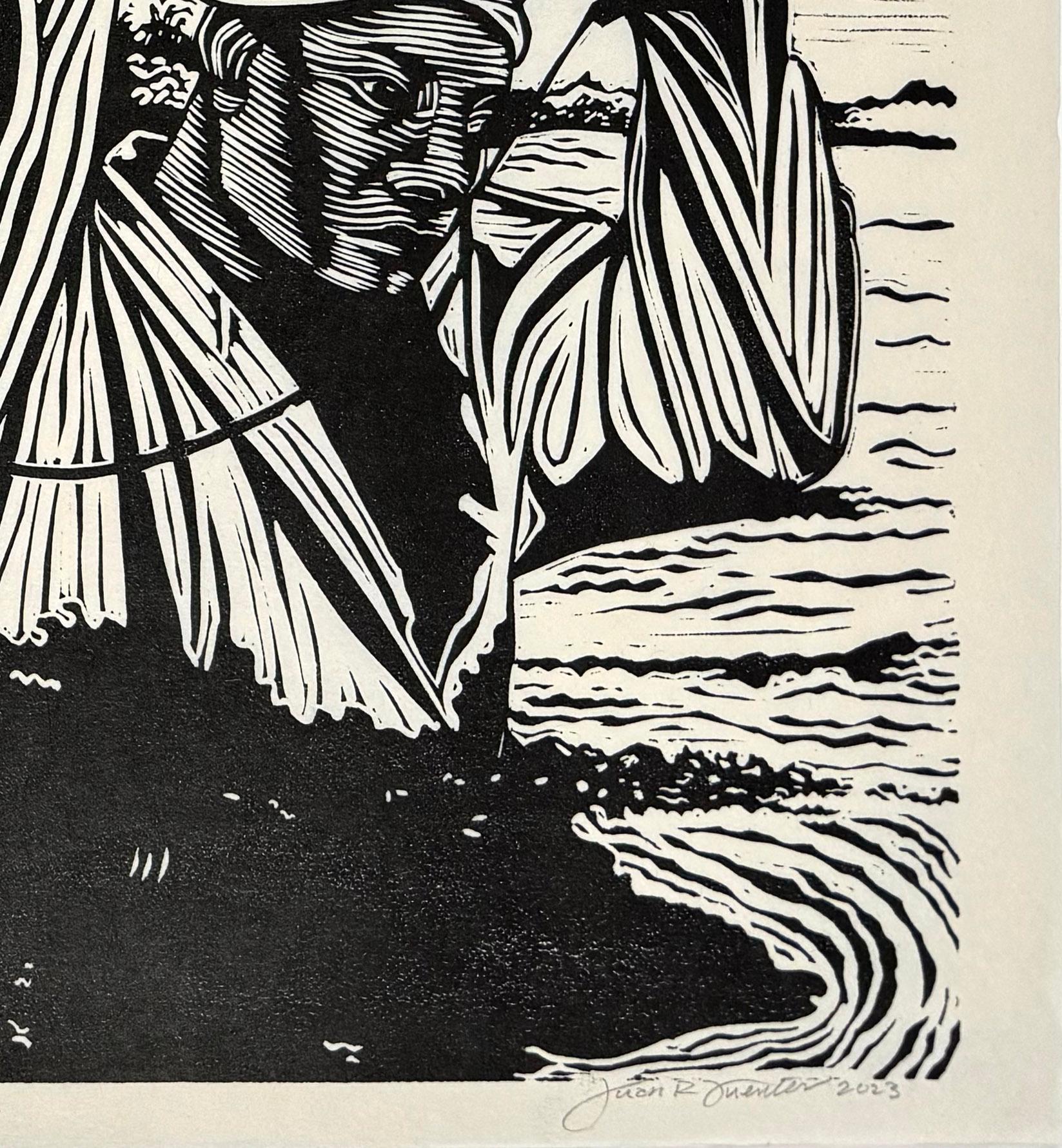 Técnica: linograbado
Año: 2023
Tamaño de la imagen: 18 x 24 pulgadas
Tamaño de la edición: 10

Imagen de un inmigrante vadeando el río Grande en la frontera entre México y Estados Unidos.

Como activista cultural, artista y creador de grabados, Juan