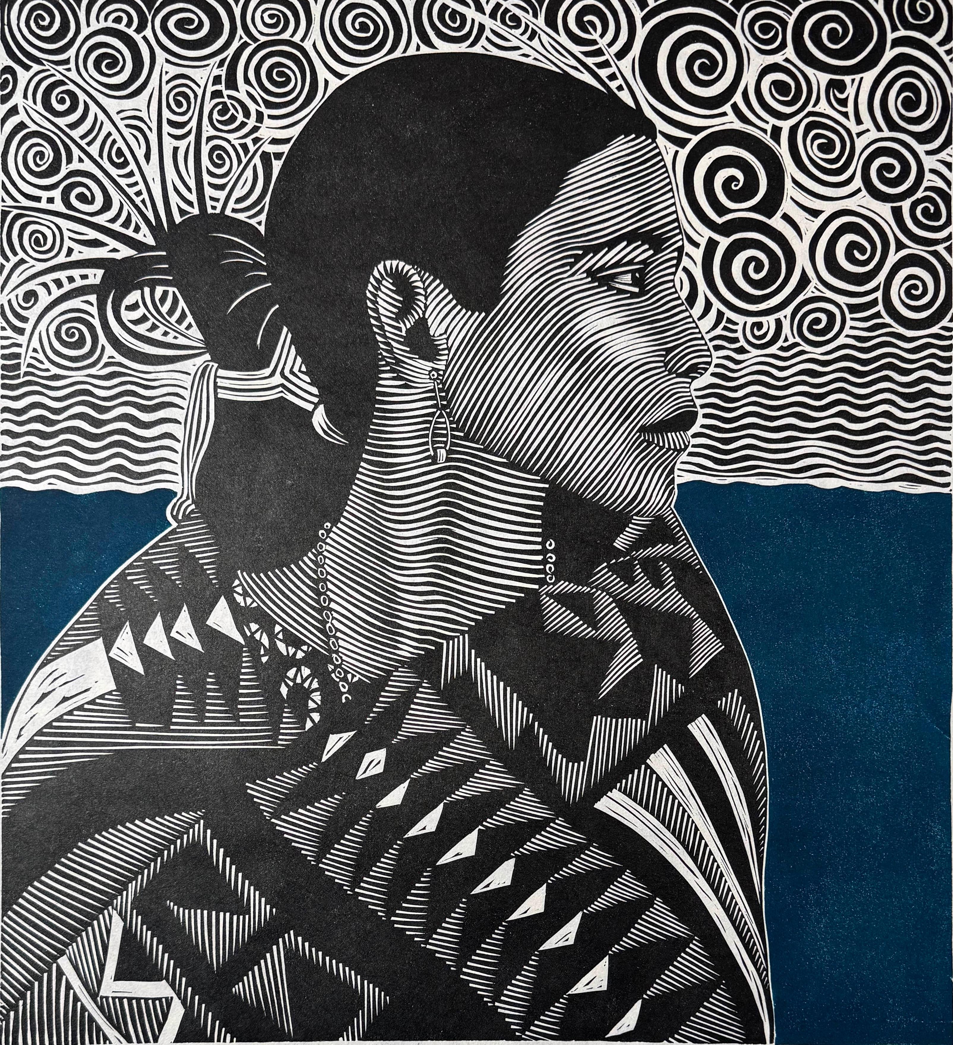 Medium: linocut
Year: 2025
Image Size: 17 x 16 inches
Edition of 20, marked as variation IX

Young native girl against a dark blue blue background and sky design..

As a cultural activist/artist/printmaker, Juan Fuentes has dedicated his career to