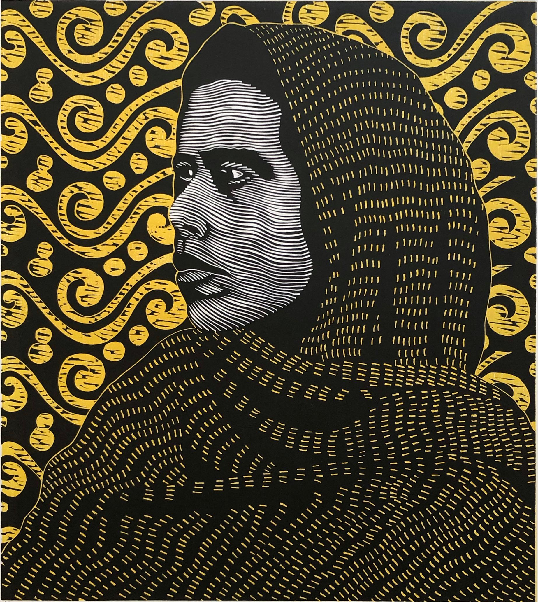 Medium: linocut
Year: 2006
Image Size: 16 x 14 inches
Edition of 20, this ipression is an Artists Proof

Young native girl against in traditional clothing against a background of colorful patterned fabric.

As a cultural activist/artist/printmaker,