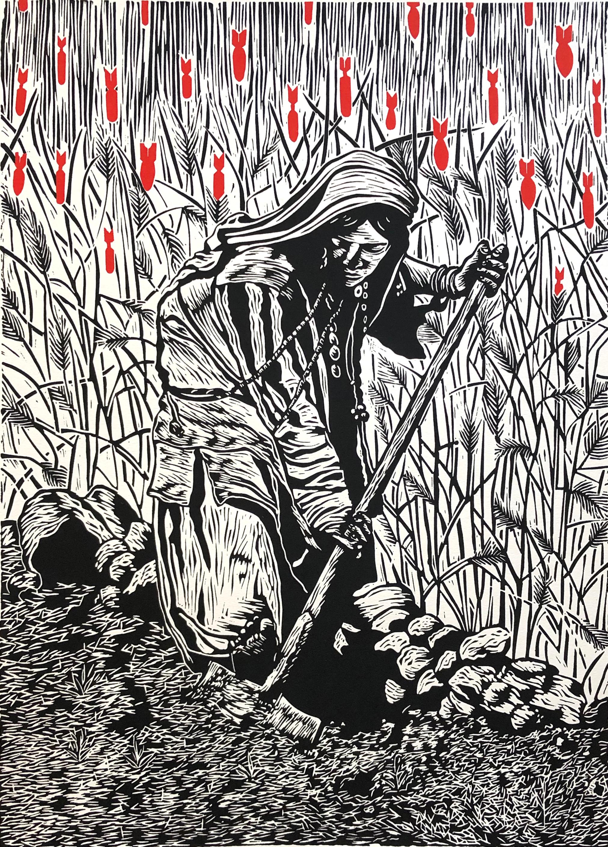 Une ouvrière afghane travaillant dans un champ de céréales, avec en toile de fond des bombes tombant du ciel. 

Signée, numérotée et titrée au crayon, de l'édition de 125.    En tant qu'activiste culturel, artiste et créateur d'œuvres d'art, Juan