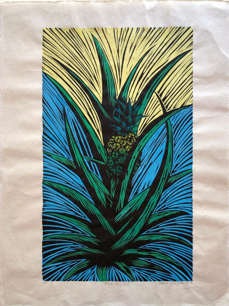 Signed and titled in pencil, an edition of only one print.   An exuberant portrayal of a  pineapple plant. 

The turbulent times of the 70’s set the tone for Fuentes' approach to creating social art. The Chicano, African American, Middle Eastern,