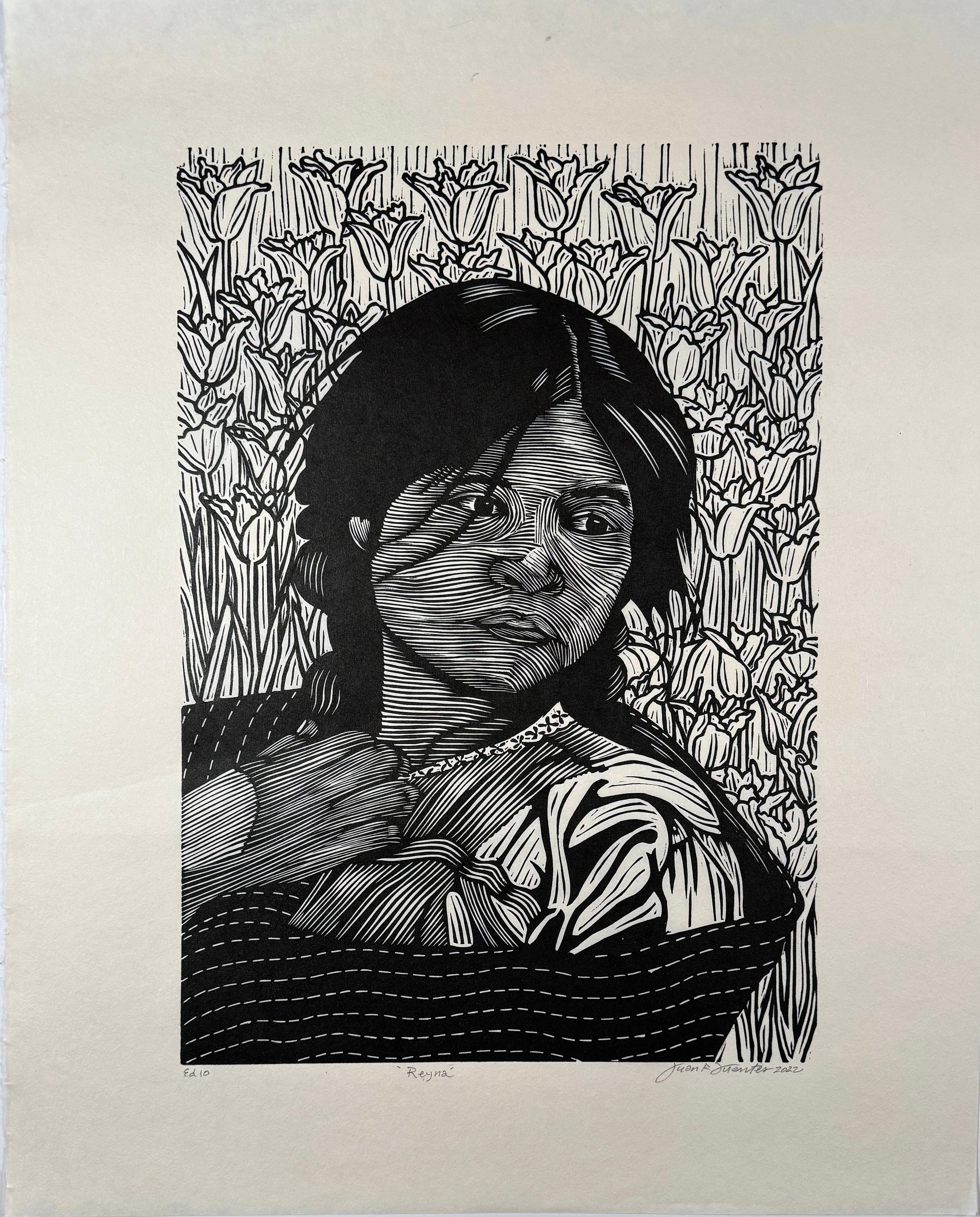 Medium: linocut
Year: 2022
Image Size: 18 x 12 inches
Edition size: 10

Young indigenous girl against a backdrop of flowers.

As a cultural activist/artist/printmaker, Juan Fuentes has dedicated his career to being part of a global movement for