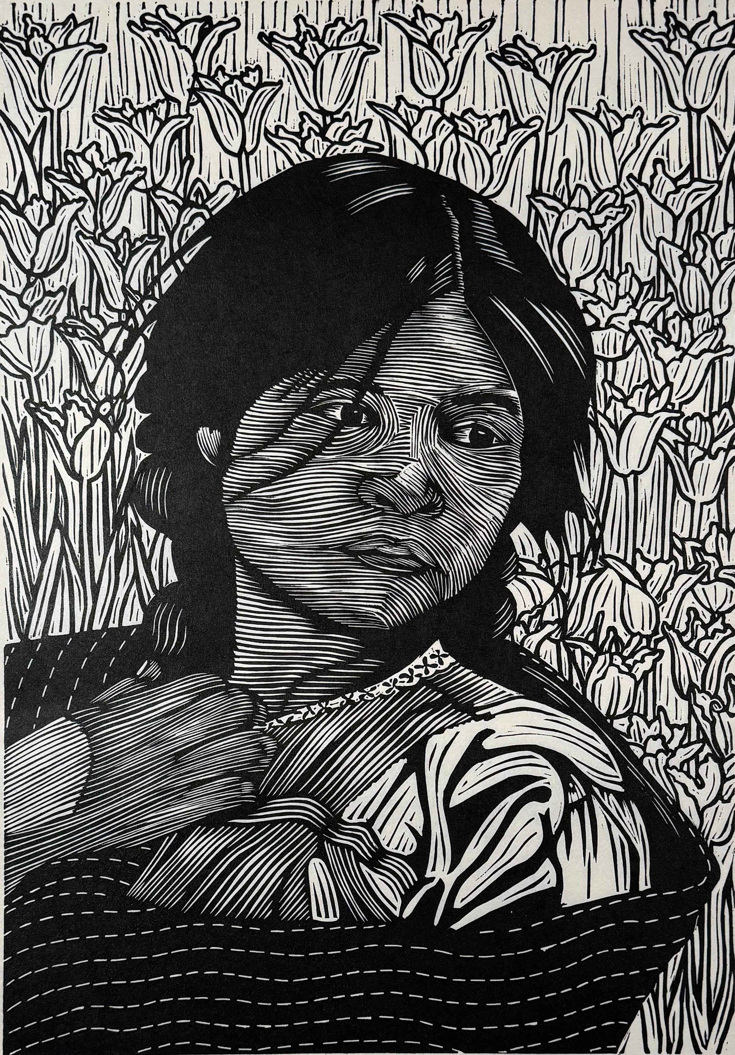Medium: Linolschnitt
Jahr: 2022
Bildgröße: 18 x 12 Zoll
Auflagenhöhe: 10

Junges indigenes Mädchen vor einem Blumenhintergrund.

Als Kulturaktivist, Künstler und Grafiker hat Juan Fuentes seine Karriere dem Ziel gewidmet, Teil einer globalen