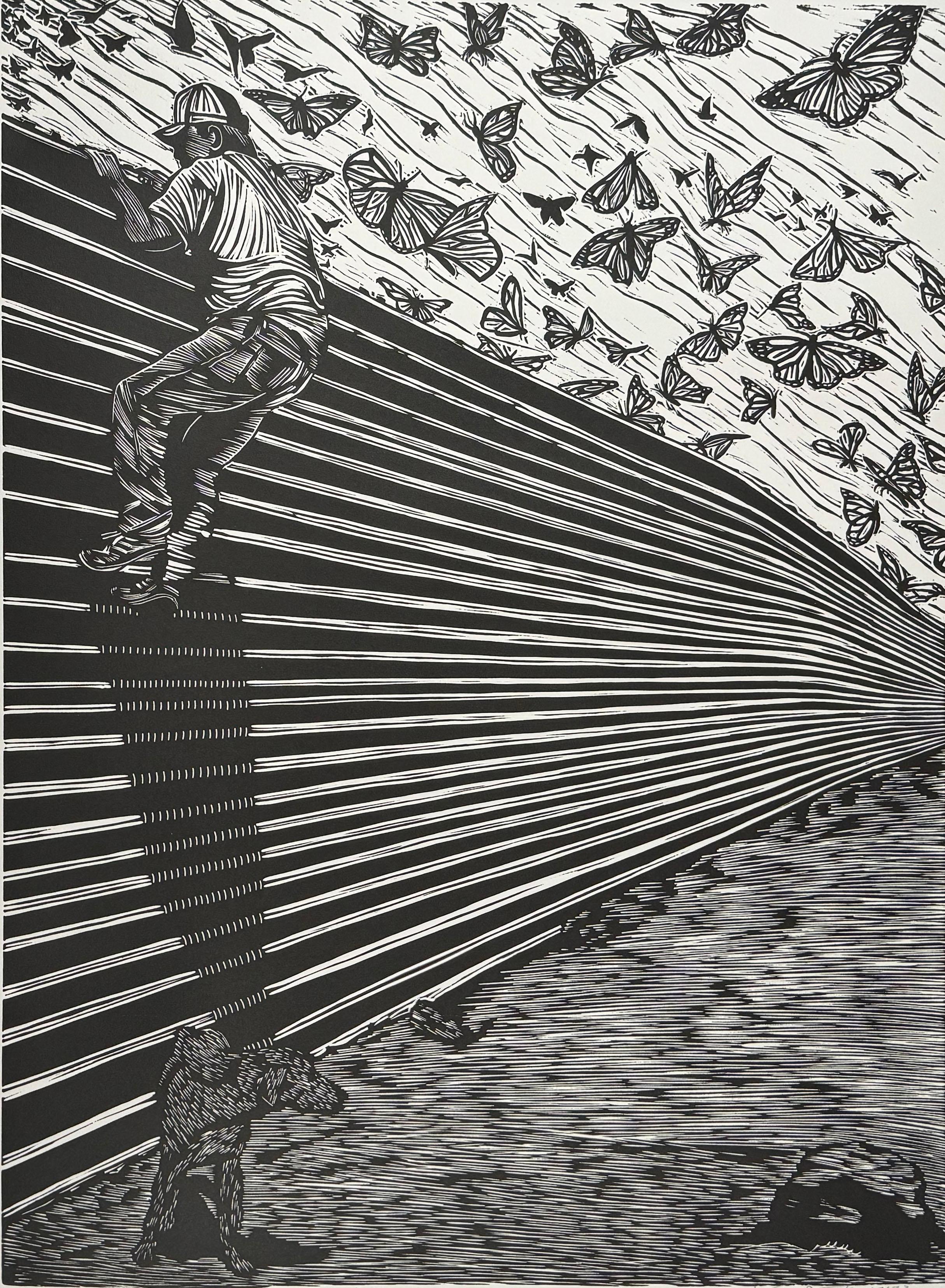 Medium: linocut
Year: 2023
Image Size: 18 x 24 inches
Edition Size: 10

Undocumented immigrants scaling the wall to enter the United States, against a backdrop of butterflies flying easily between the two countries.

As a cultural