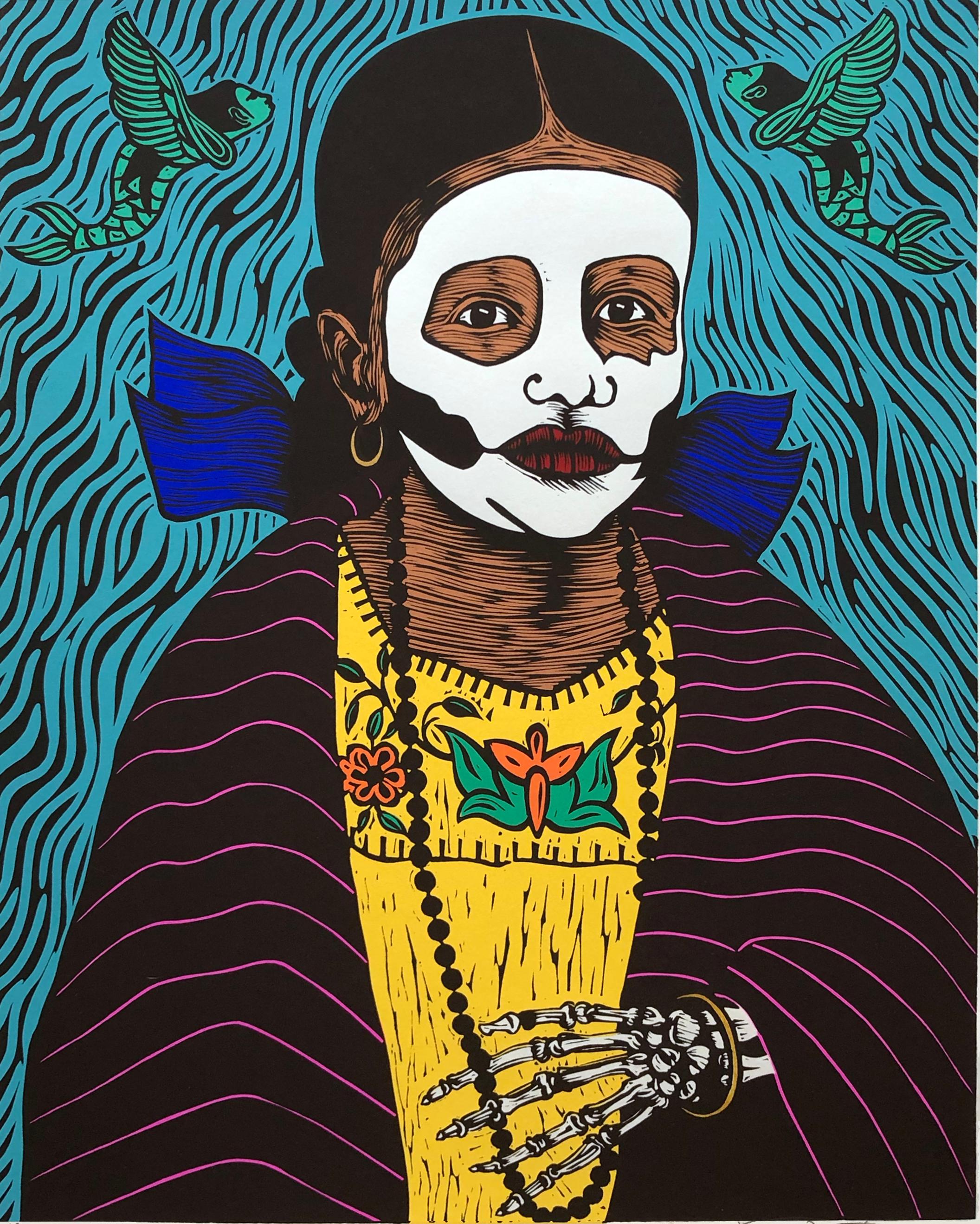 Firmato, numerato e titolato a matita, dall'edizione di 30 esemplari.   Sogno di sirena del Dia de Los Muertos.

I tempi turbolenti degli anni '70 hanno dato il tono all'approccio di Fuentes alla creazione di arte sociale. Le lotte dei chicani,