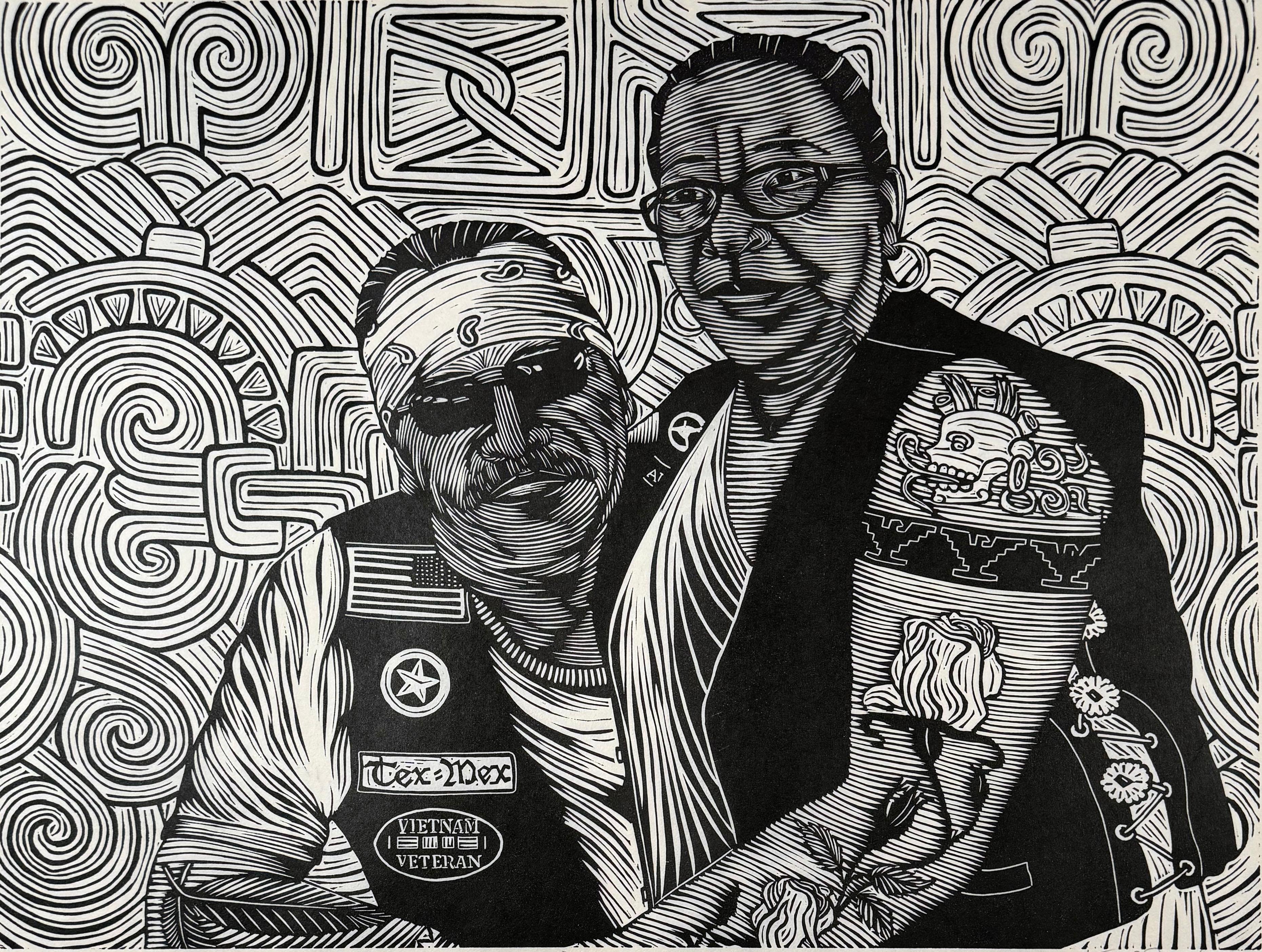 Medium: linocut
Year: 2023
Image Size: 18 x 24 inches
Edition Size: 10

Chicano tattooed couple with emblems of Aztlan and the United States.

As a cultural activist/artist/printmaker, Juan Fuentes has dedicated his career to being part of a global