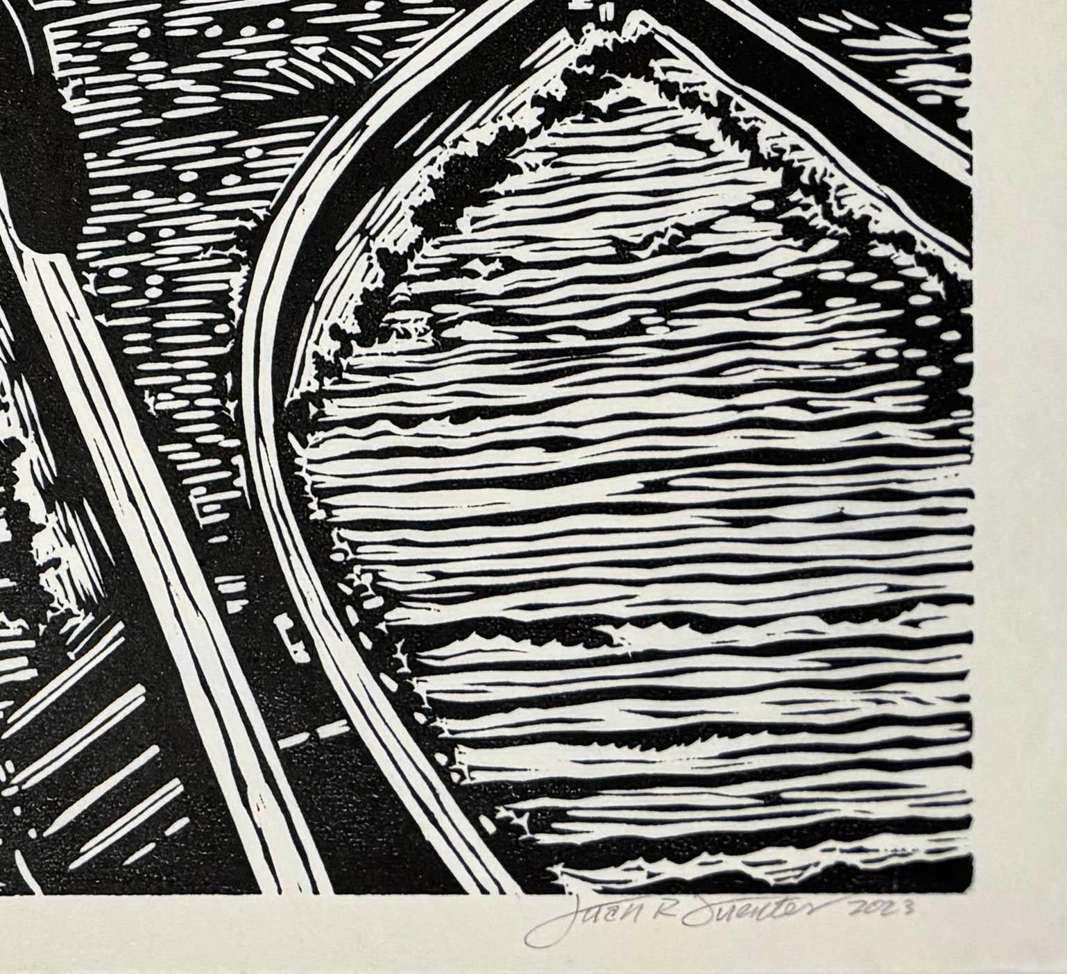 Medium: linocut
Year: 2023
Image Size: 18 x 24 inches
Edition Size: 10

Image of a immigrants Walking along train tracks near the border between Mexico and the United States, moving toward an uncertain future.

As a cultural