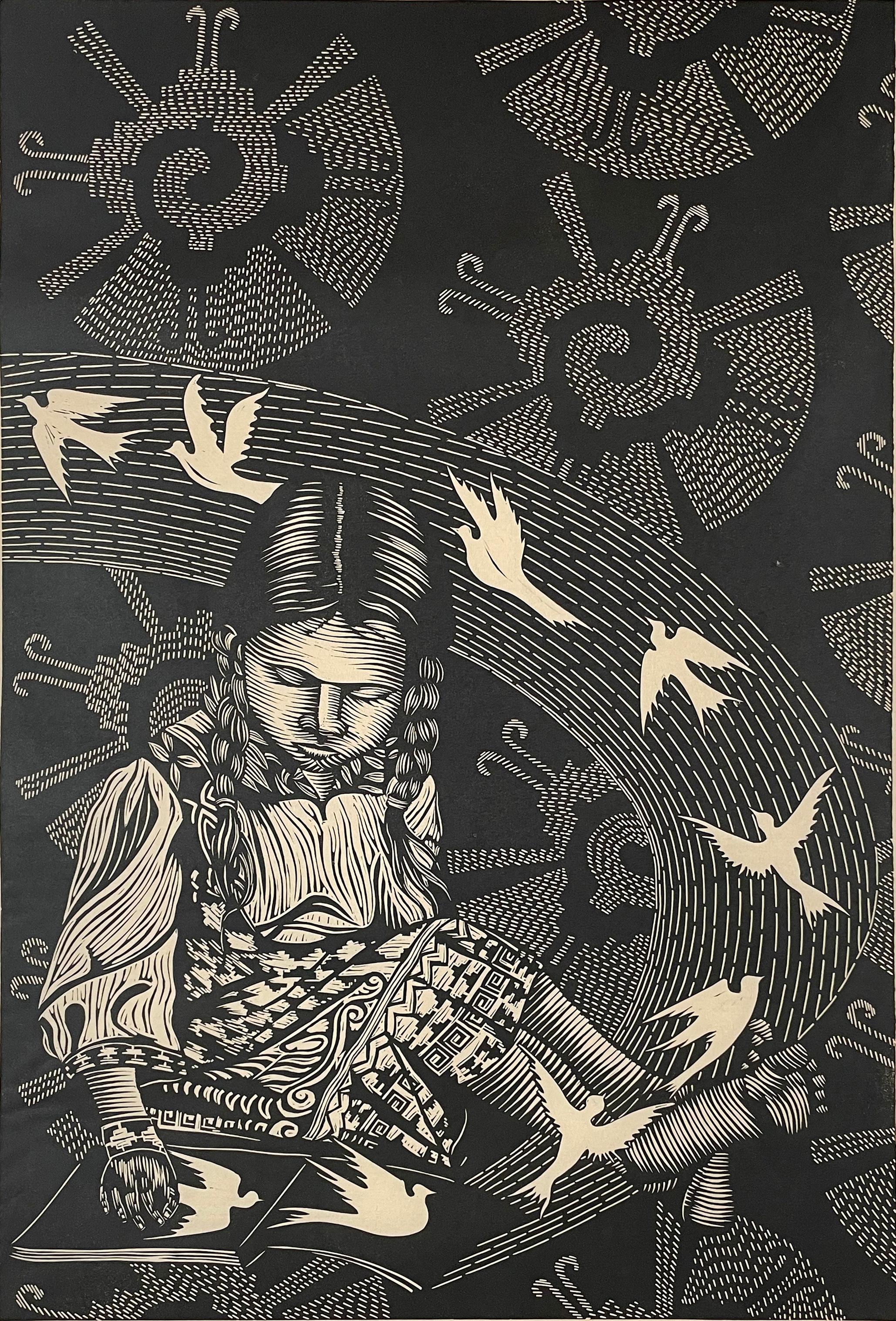 Medium: Linolschnitt
Jahr: 2019
Bildgröße: 24 x 16 Zoll
Auflage von 10 Stück

Junges indigenes Mädchen vor einem Hintergrund, der das Maya-Symbol für Gott enthält, zusammen mit Tauben, die aus einem aufgeschlagenen Buch fliegen.

Als Kulturaktivist,