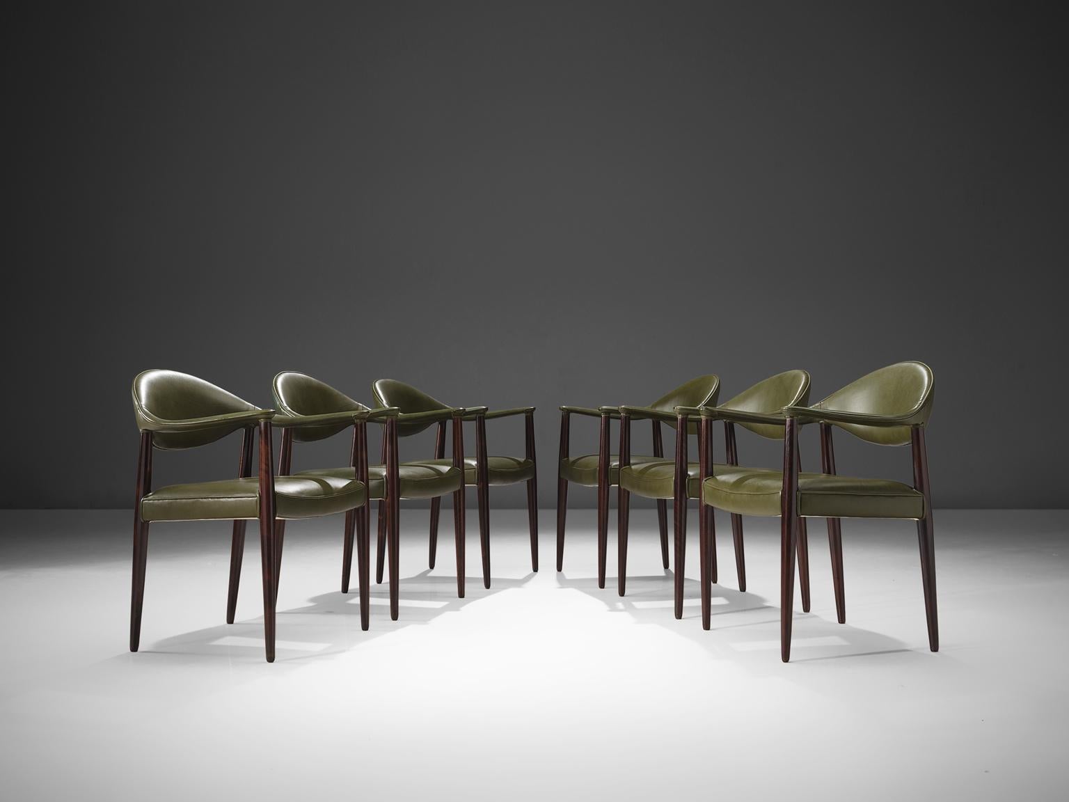 Mid-Century Modern Juan Gamboa Six Green Leather Dining Chairs