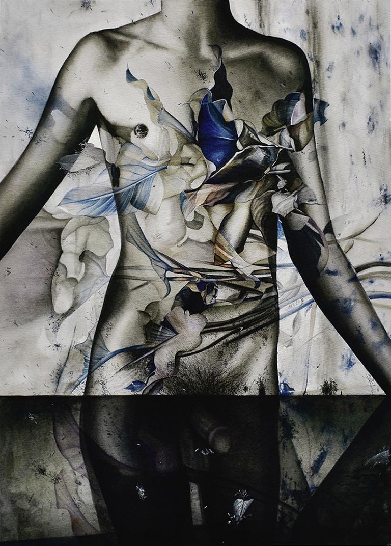 Juan Garcia-Nunez Figurative Painting - Dionisio I (Contemporary Watercolor Painting of Greek God in Blue and Gray)