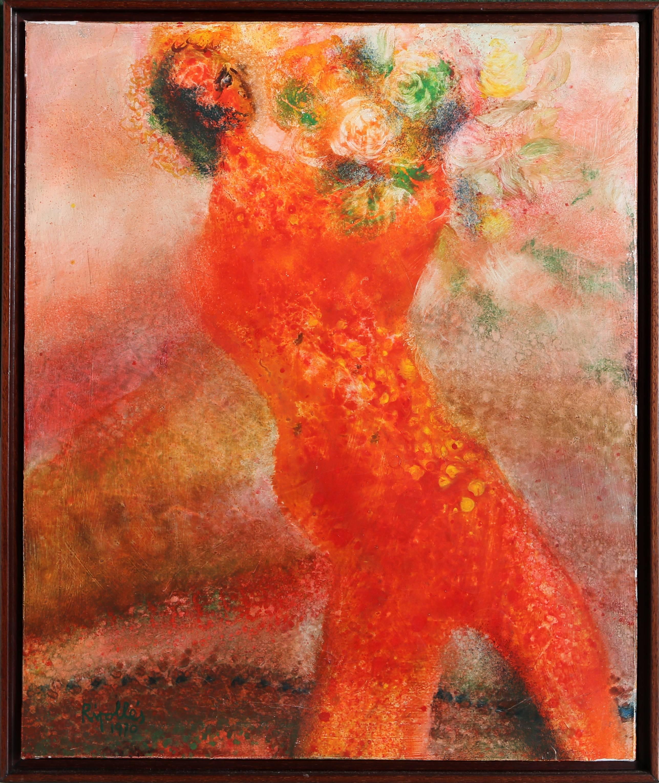 Figur, die Blumen hält, impressionistisches Ölgemälde von Juan Garcia Ripolles